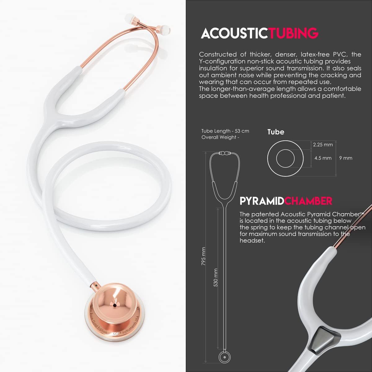 MDF Instruments, Engravable - MDF Rosegold MD One Stainless Steel Personalized Custom Stethoscope, Adult, White Tube, Rosegold Chestpieces-Headset, MDF777RG29-ENGRAVING