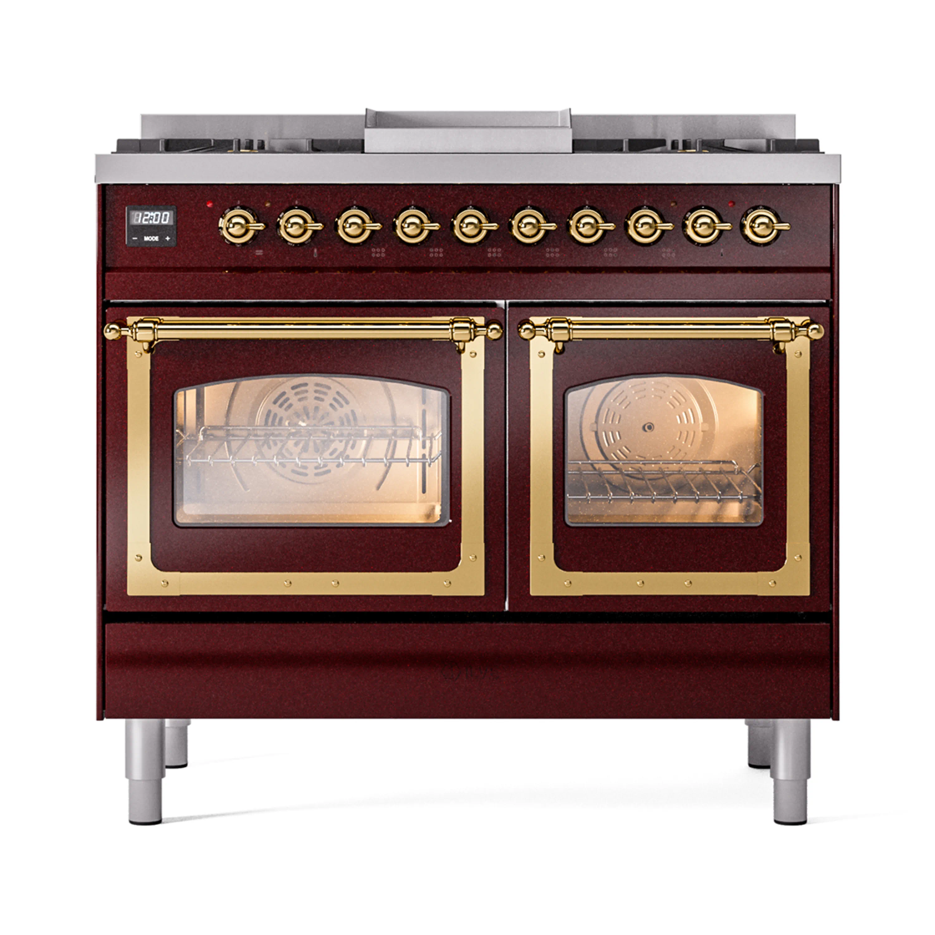 ILVE 40-Inch Nostalgie II Noblesse Dual Fuel Range with Triple Glass Door Oven in Burgundy with Brass Trim (UND40FNMPBUG)