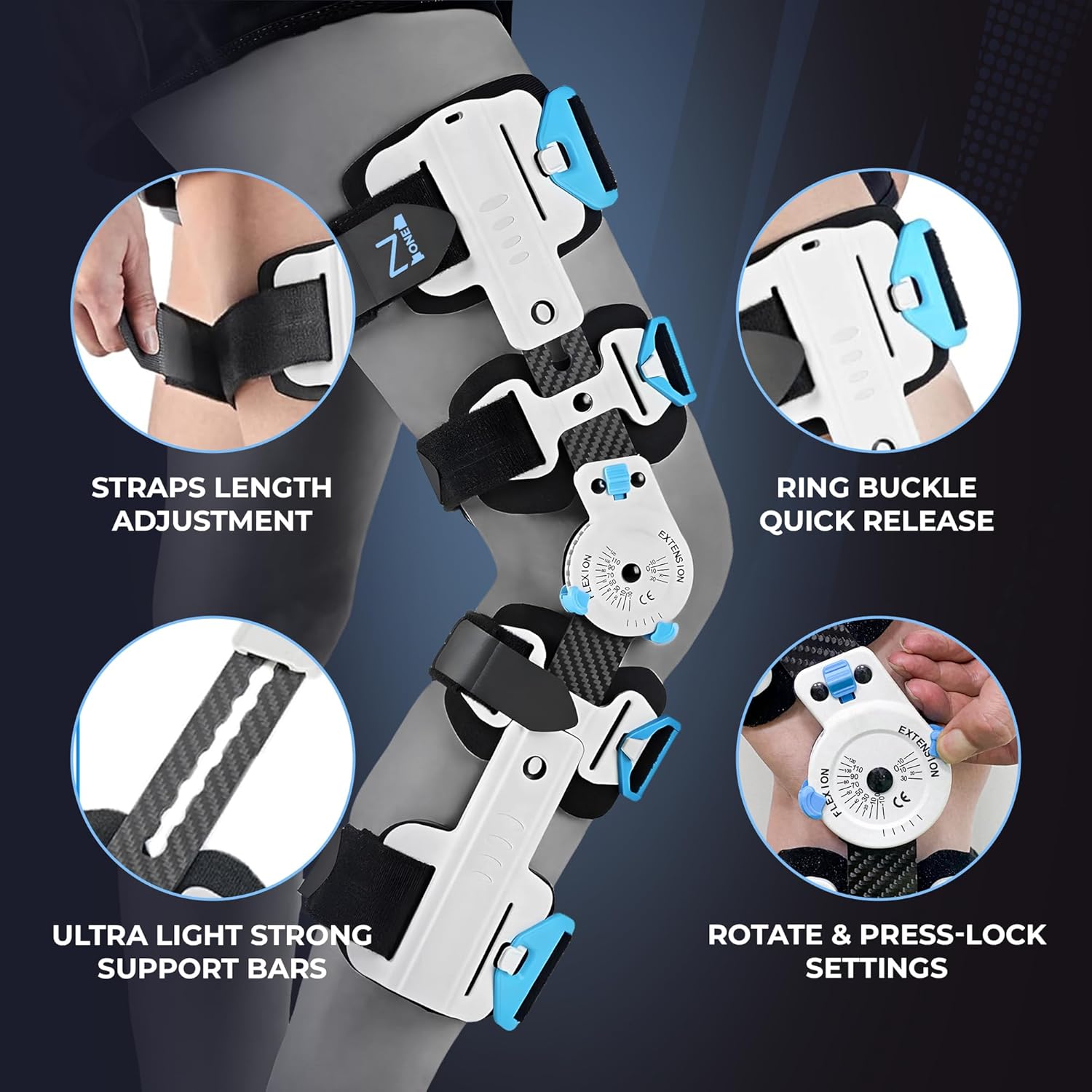 Z ONE Z1 K10 Eco Hinged ROM Knee Brace - Carbon Fiber Post Op Knee Immobilizer Lightweight Adjustable Leg Braces Medical Orthopedic Support for ACL, PCL, MCL Injury & After Surgery for Women & Men