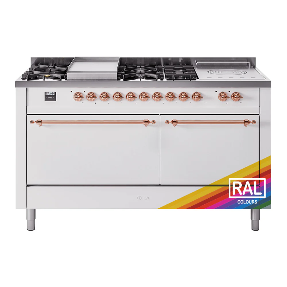 ILVE Nostalgie II 60-Inch Dual Fuel Range with 7 Burners, Griddle, & French Top with Solid Door Oven in Custom RAL with Copper Trim (UP60FSQNMPRAP)