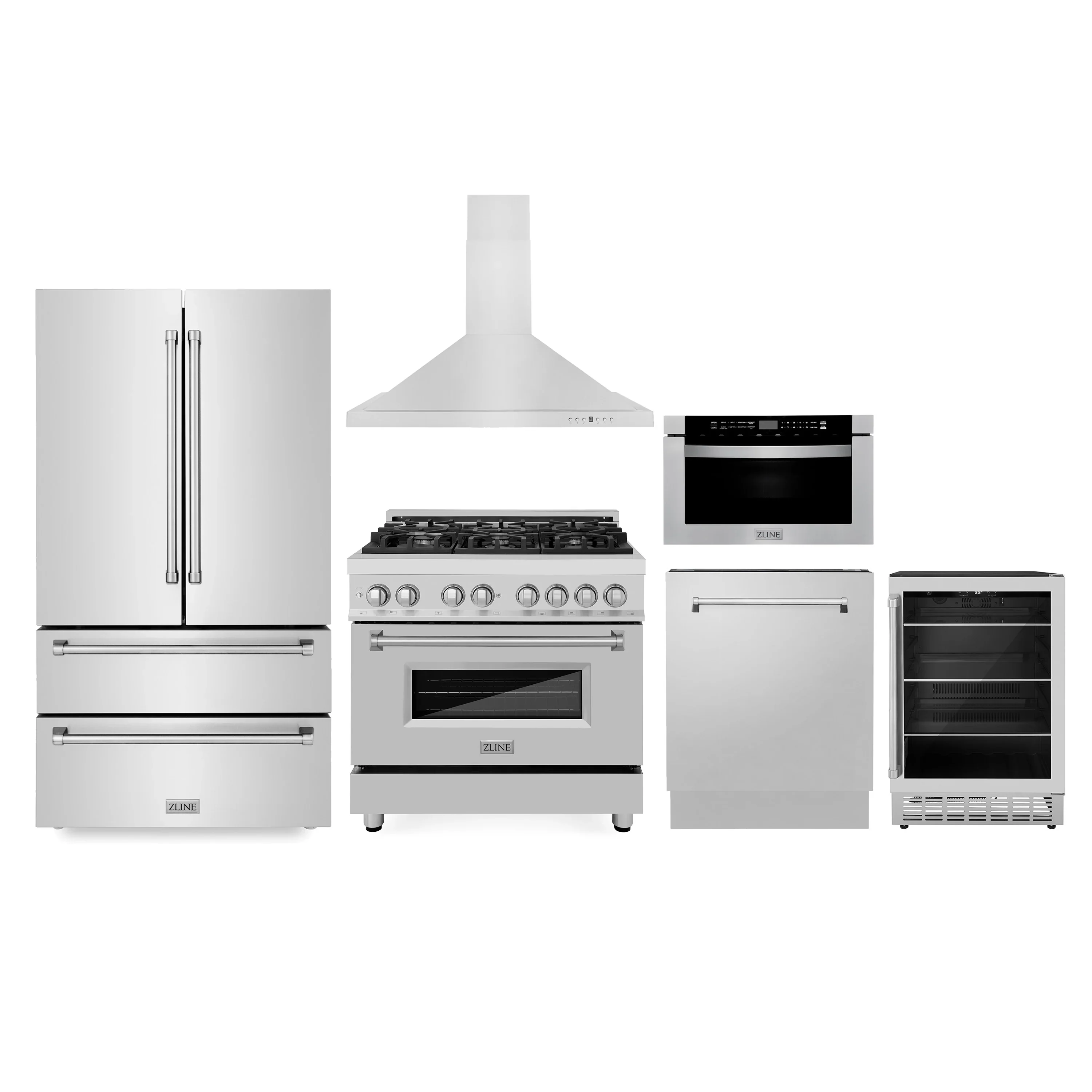 ZLINE Appliance Package - 36-Inch Dual Fuel Range, Refrigerator, Range Hood, Microwave Drawer, Tall Tub Dishwasher and Beverage Fridge in Stainless Steel (6KPR-RARH36-MWDWV-RBV)