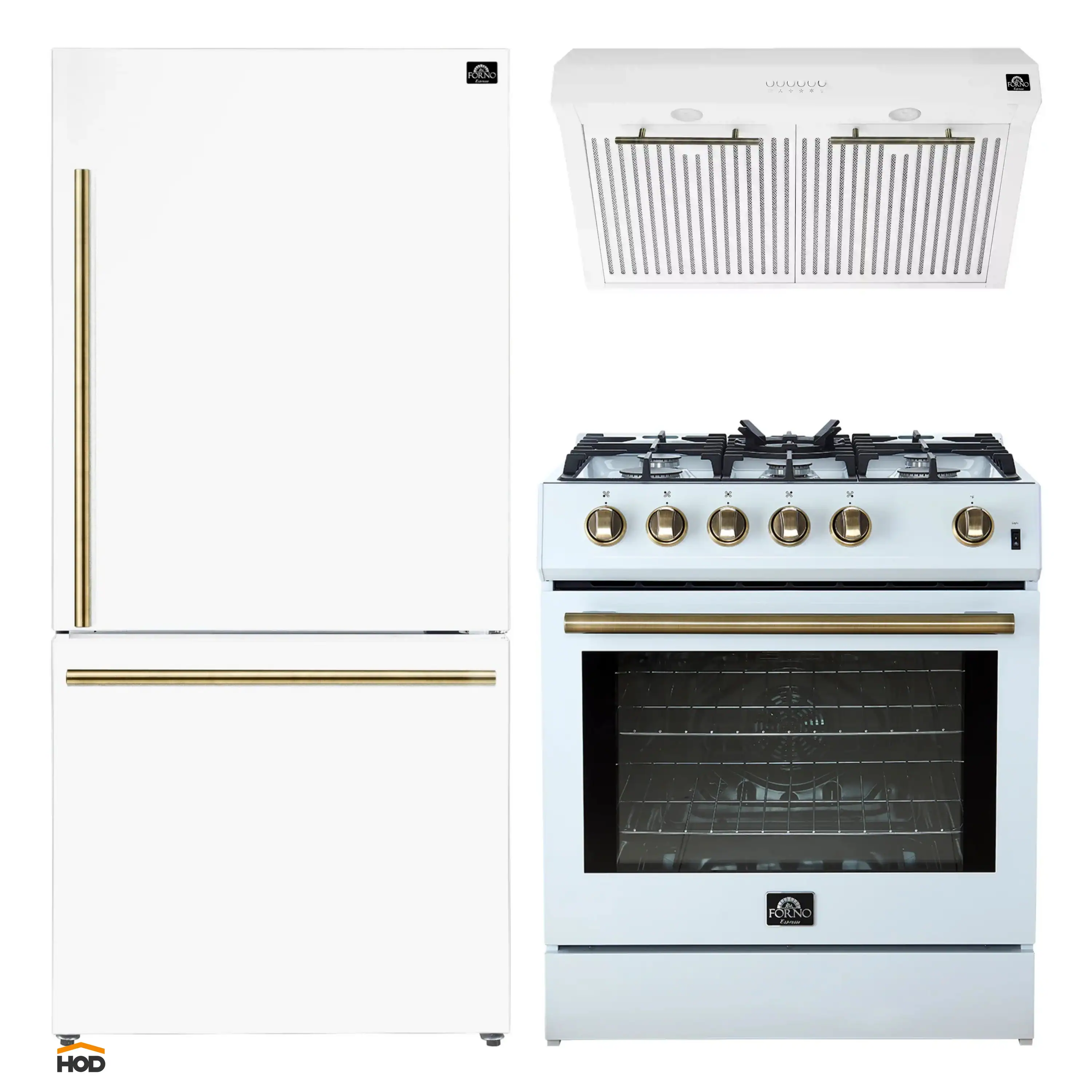 Forno 3-Piece Appliance Package - 30-Inch Gas Range, Under Cabinet Range Hood, & Refrigerator in White with Antique Brass Trim