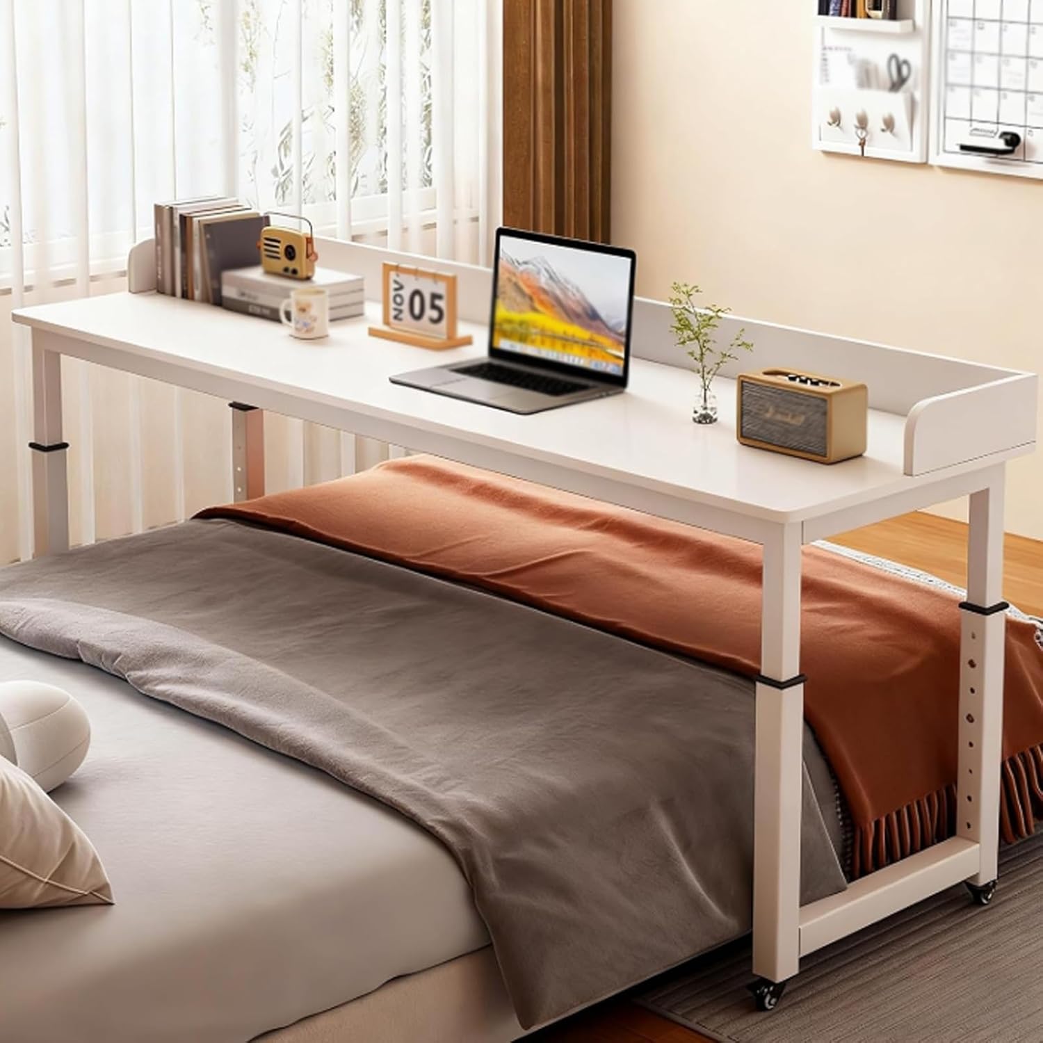 Adjustable Height Overbed Table with Wheels, Standing Mobile Over Bed Tables, Rolling Over The Bed Tables with Baffles, Computer Desk Overbed Desk for Bedroom(White,L120xW50cm/47.2x19.6in)