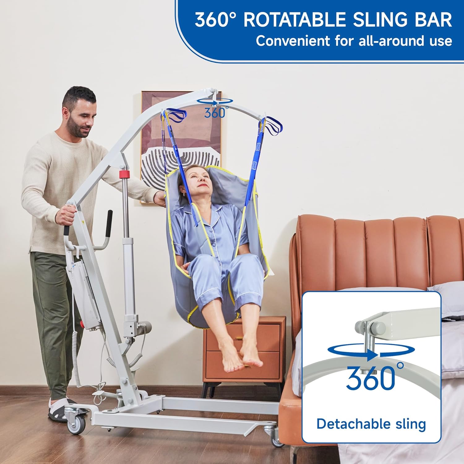 Electric Patient Lift, High-Capacity Rechargeable Battery, Low Base, 400 lb Weight Capacity with Adjustable Base and Sling, with Manual Lowering Device, Easy-Assembly, Battery-Powered.