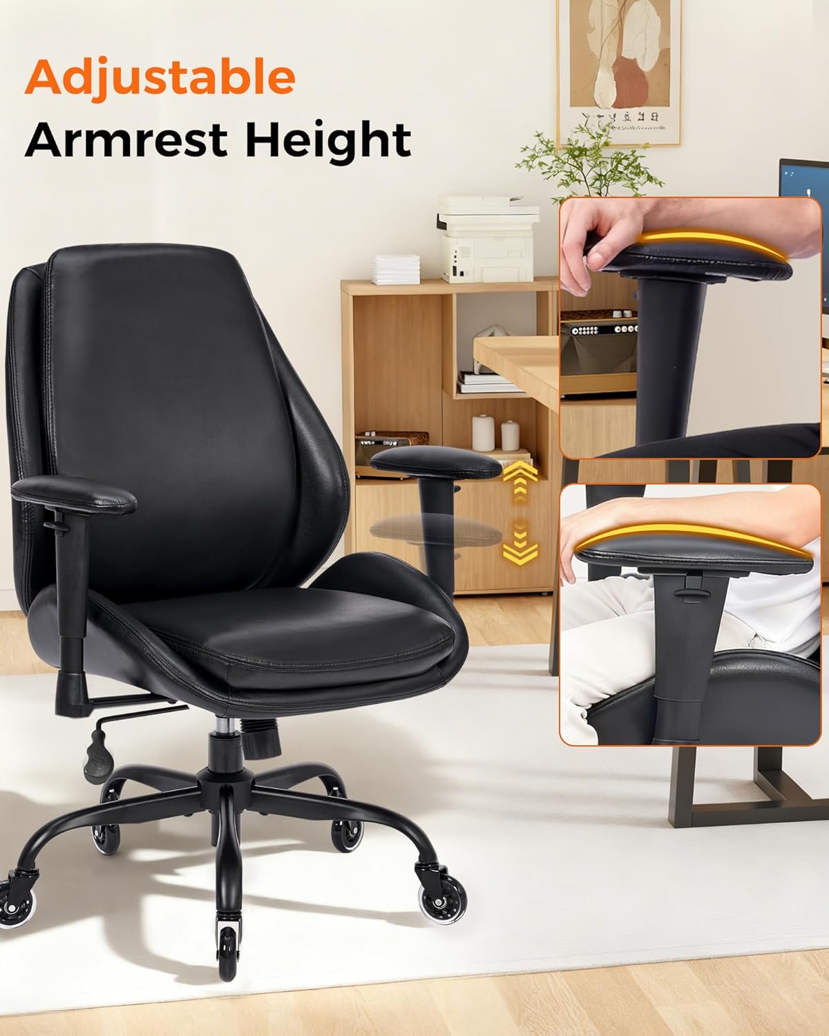 BEWISHOME Leather Ergonomic Office Chair, Home Office Chair, Black Desk Chair with Lumbar Support, Executive Office Chair, Computer Desk Chair with Adjustable Armrests & Quiet Wheels