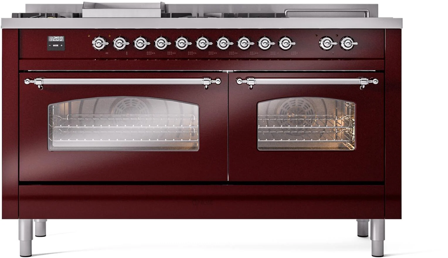 ILVE Nostalgie II 60-Inch Dual Fuel Range with 7 Burners, Griddle, & French Top with Triple Glass Door Oven in Burgundy with Chrome Trim (UP60FSNMPBUC)