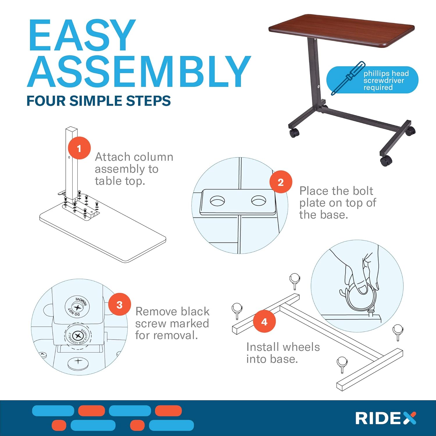 Adjustable Overbed Table - Non-Tilt Mobile Bedside Desk Tray with Swivel Caster Wheels - Serve Meals, Use Laptop/Computer, Writing - Great for Elderly, Hospital Patients, Home Care -Hospital Bed Table