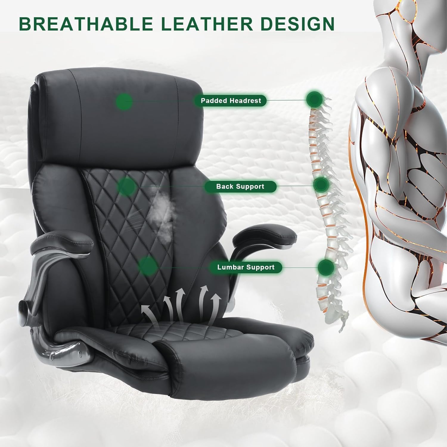 KCREAM Office Chair, Leather Office Chairs with Flip up Arms,Rocking High Back Cpmputer Desk Chairs with Lumbar Support, Executive Chairs with Wheels,Swivel Task Rolling Chair for Adult, Black