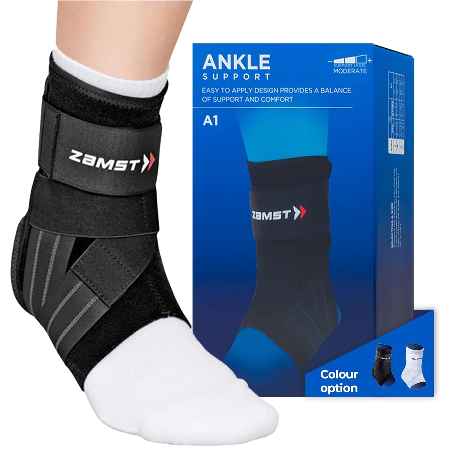 Zamst A1 Black Ankle Brace for Sports - Breathable Sports Ankle Support for Men and Women with Adjustable Three Way Straps for Moderate Lateral Ankle Sprain - Left, Medium