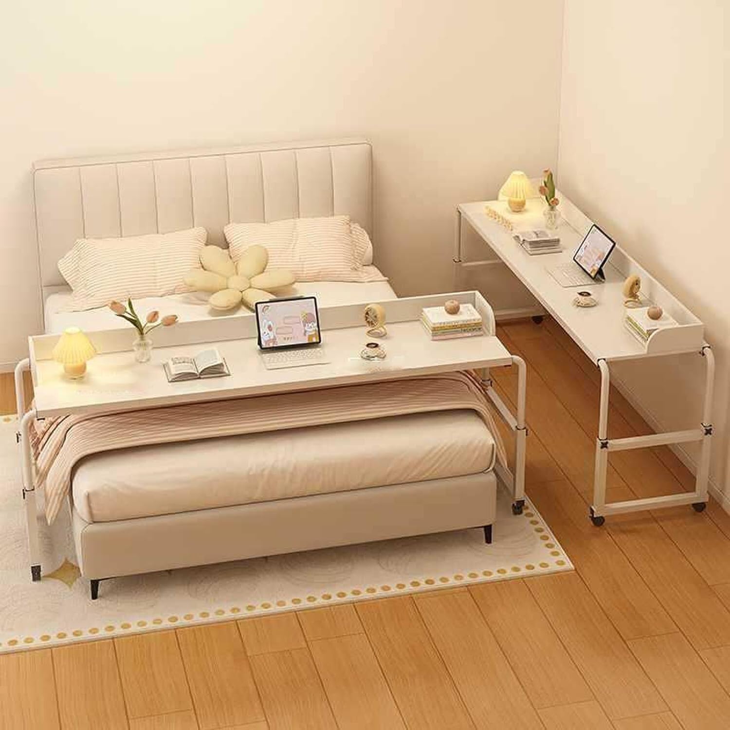 Rolling Overbed Table Mobile Table Food Tray Desk Rolling Medical Table Overbed Swivel Table Long Overbed Table Adjustable Height with Wheels for Laptop Eating Home