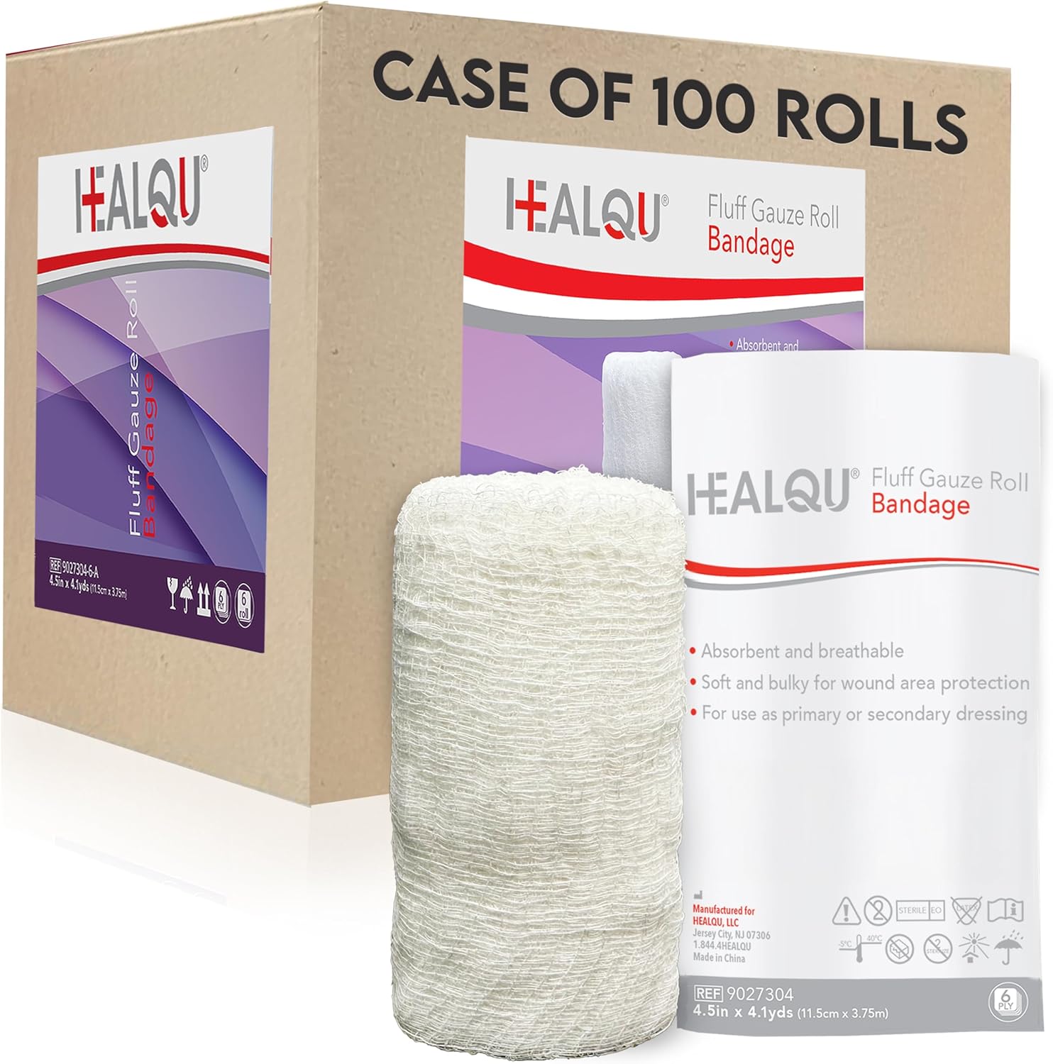 HEALQU Kerlix Type Gauze Bandage Rolls - 4 ½ in x 4.1 Yds, 6 Ply - 100 Single Sterile Pocuhes - Extra Absorbency, Latex Free, Hospital Grade Cotton Krinkle Fluff Bandage Wrap - Wound Care & First Aid