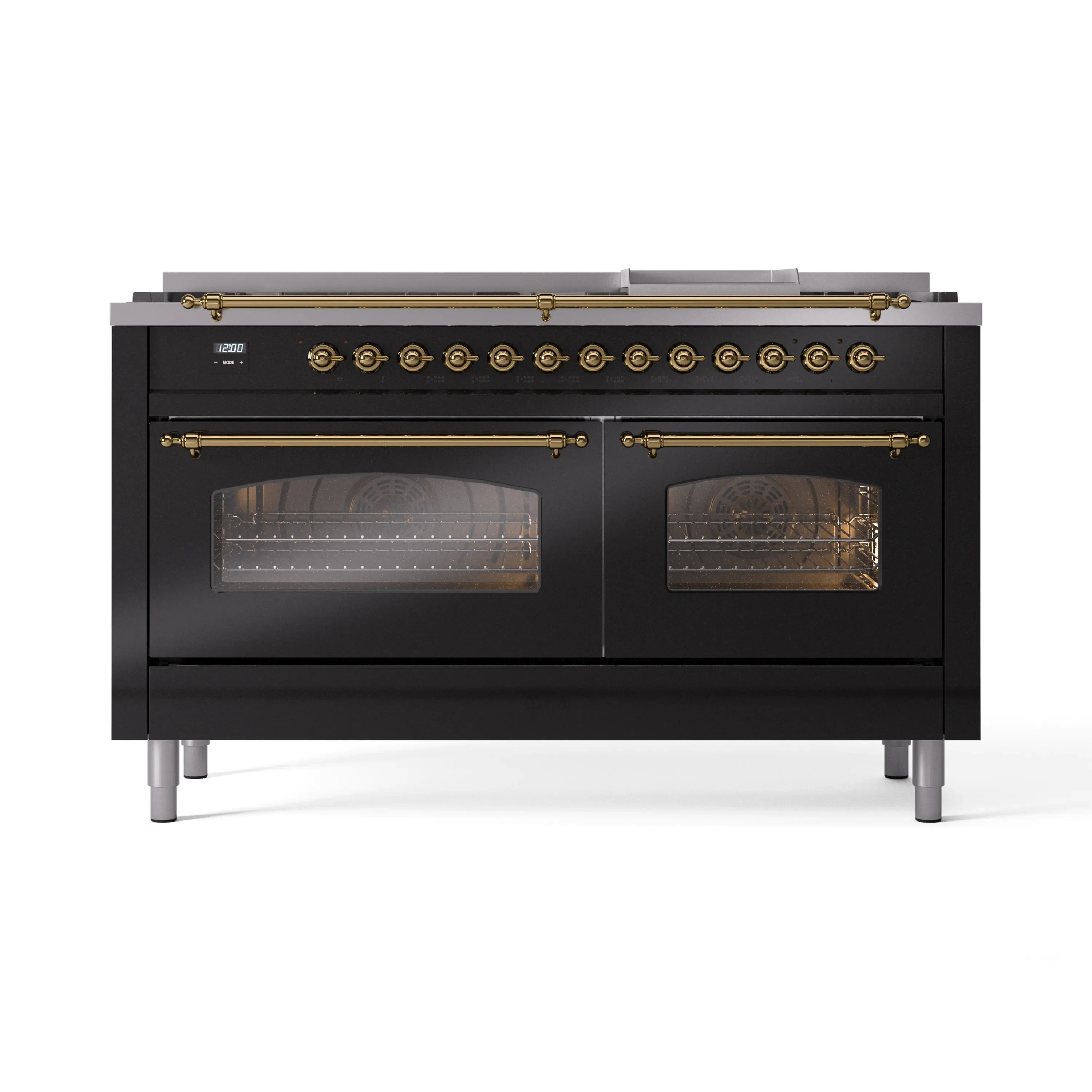 ILVE 60-Inch Nostalgie II Dual Fuel Range with 9 Burners, Griddle and Triple Glass Door Oven in Glossy Black with Brass Trim (UP60FNMPBKG)