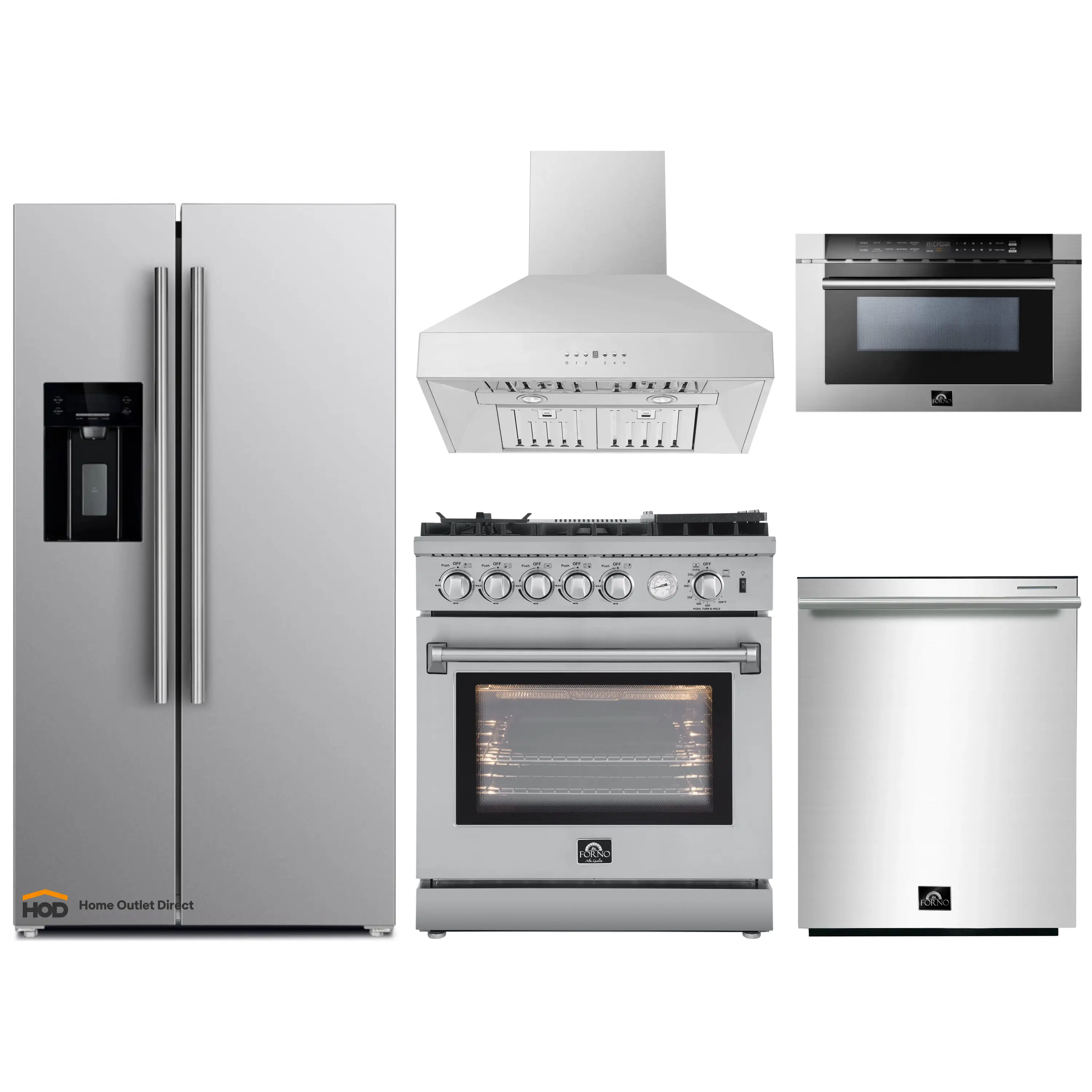 Forno 5-Piece Appliance Package - 30-Inch Gas Range with Air Fryer, Refrigerator with Water Dispenser, Wall Mount Hood, 24-Inch Microwave Drawer, & 3-Rack Dishwasher in Stainless Steel