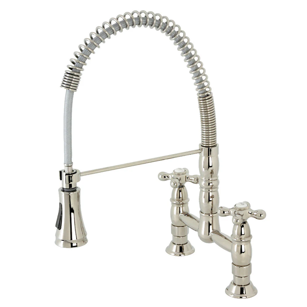 Kingston Brass Gourmetier Heritage Double-Handle Deck-Mount Pre-Rinse Bridge Kitchen Faucet, Polished Nickel (GS1276AX)