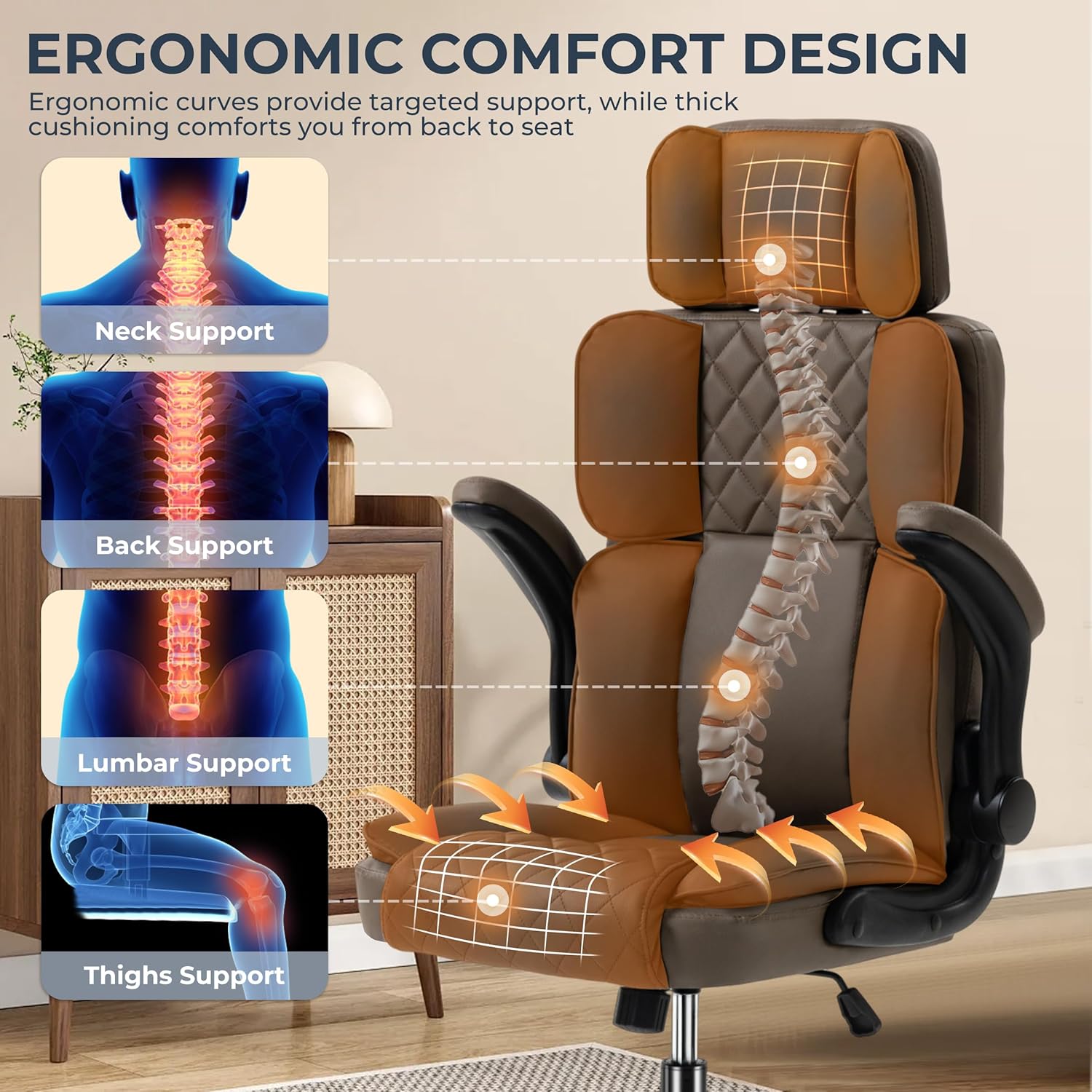 Leather Office Chair with Adjustable Headrest, Padded Flip-Up Armrests, Executive Home Office Desk Chairs with Ergonomic Back Support, Swivel Rolling Computer Chair for Work, Study, Brown