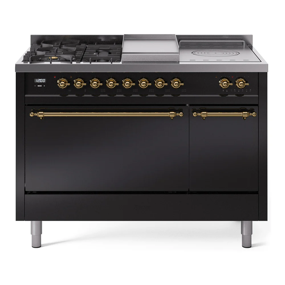 ILVE Nostalgie II 48-Inch Dual Fuel Range with 5 Burners, Griddle, & French Top, with Solid Door Oven in Glossy Black with Brass Trim (UP48FSQNMPBKG)