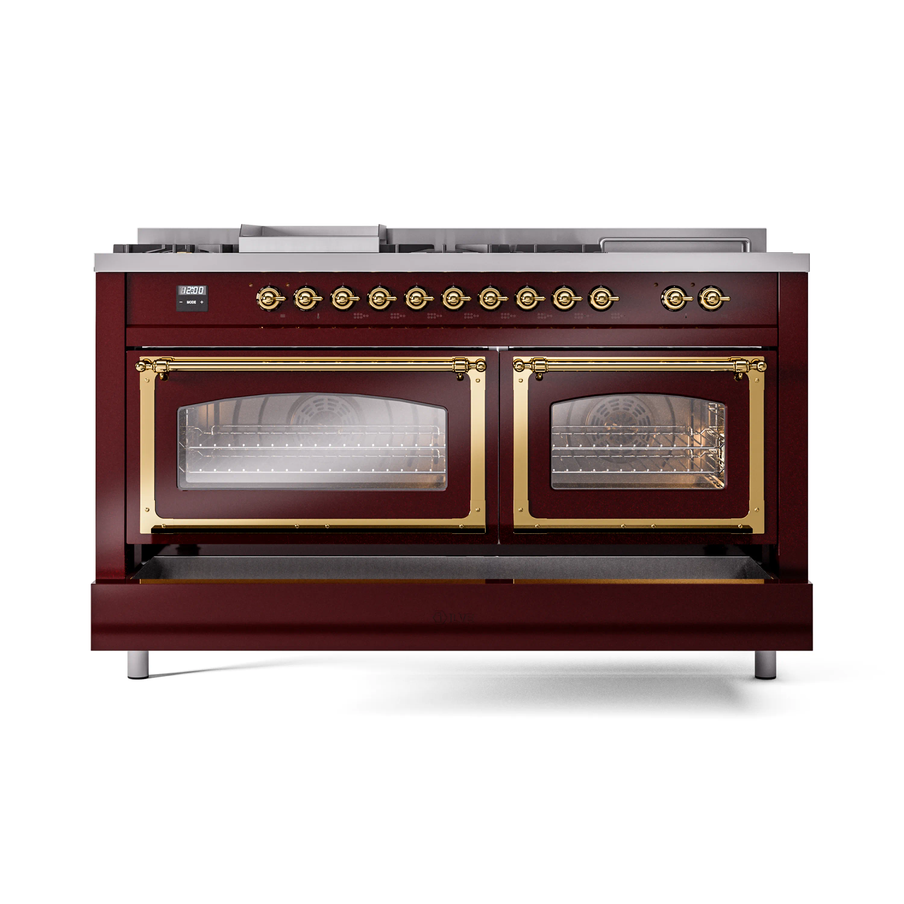 ILVE 60-Inch Nostalgie II Noblesse Dual Fuel Range with 7 Sealed Burners, Griddle, French Top and Triple Glass Door Oven in Burgundy with Brass Trim (UN60FSNMPBUG)