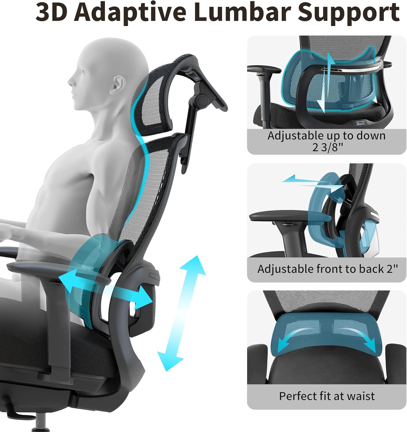 EUREKA ERGONOMIC Office Chair Mesh with Wheels, Ergonomic Chair with Lumbar Support, Home Office Desk Chair with Adjustable Seat Depth, 3D Armrest & Headrest, Black