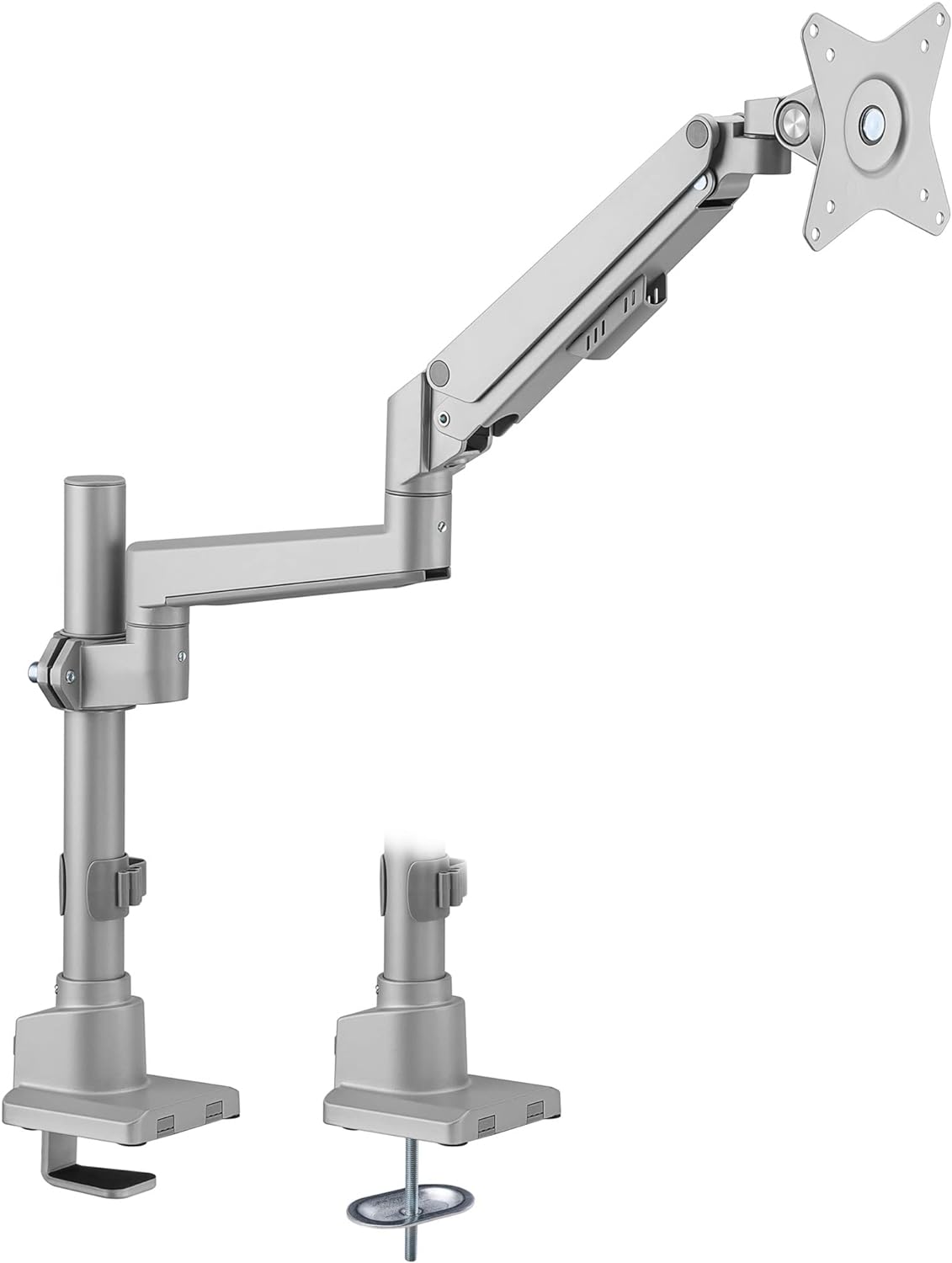Mount-It! Single Monitor Desk Mount – Pole Mounted Gas Spring Arm, Full Motion Height Adjustable Monitor Stand with C-Clamp or Grommet Base, Fits 19–32 Inch Screens, Silver