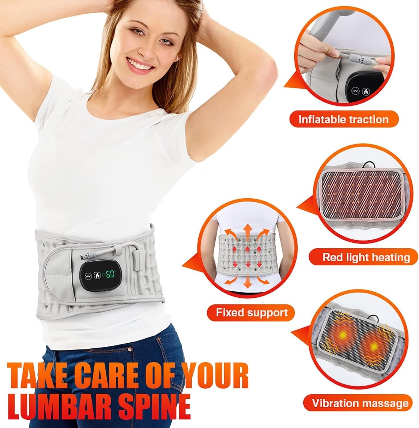 Lower Lumbar Support Back Brace Decompression Back Belt With 3 Vibration Massage Modes 3 Heating 3 Temperature Adjustable For Sciatica, Herniated Disc, Scoliosis Back Pain Relief