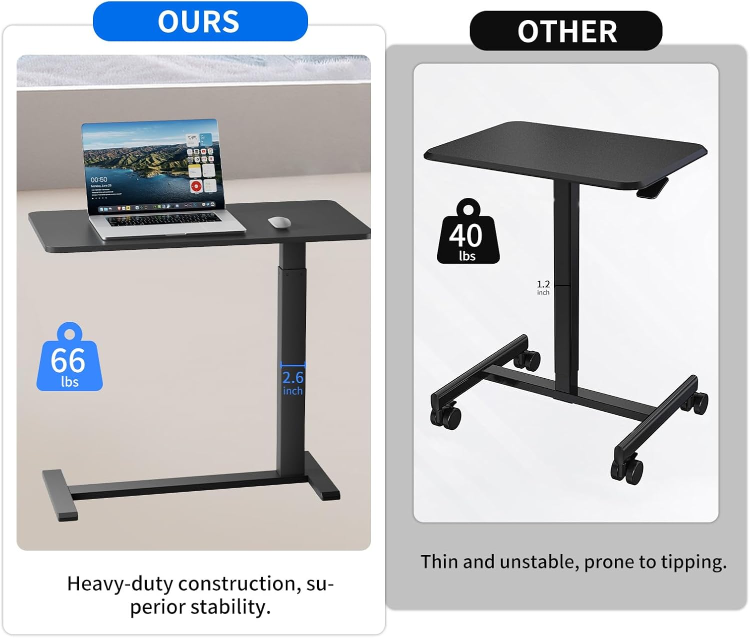 Ywin Medical Adjustable Overbed Bedside Table with Wheels, Rolling Standing Desk, Pneumatic Small Side Bed Table with Tray for Couch, Hospital, Home,Office Use (Black)