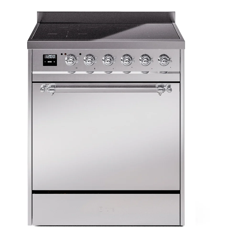 ILVE 30-Inch Nostalgie II Induction Range with Solid Door Oven in Stainless Steel with Chrome Trim (UPI304QNMPSSC)