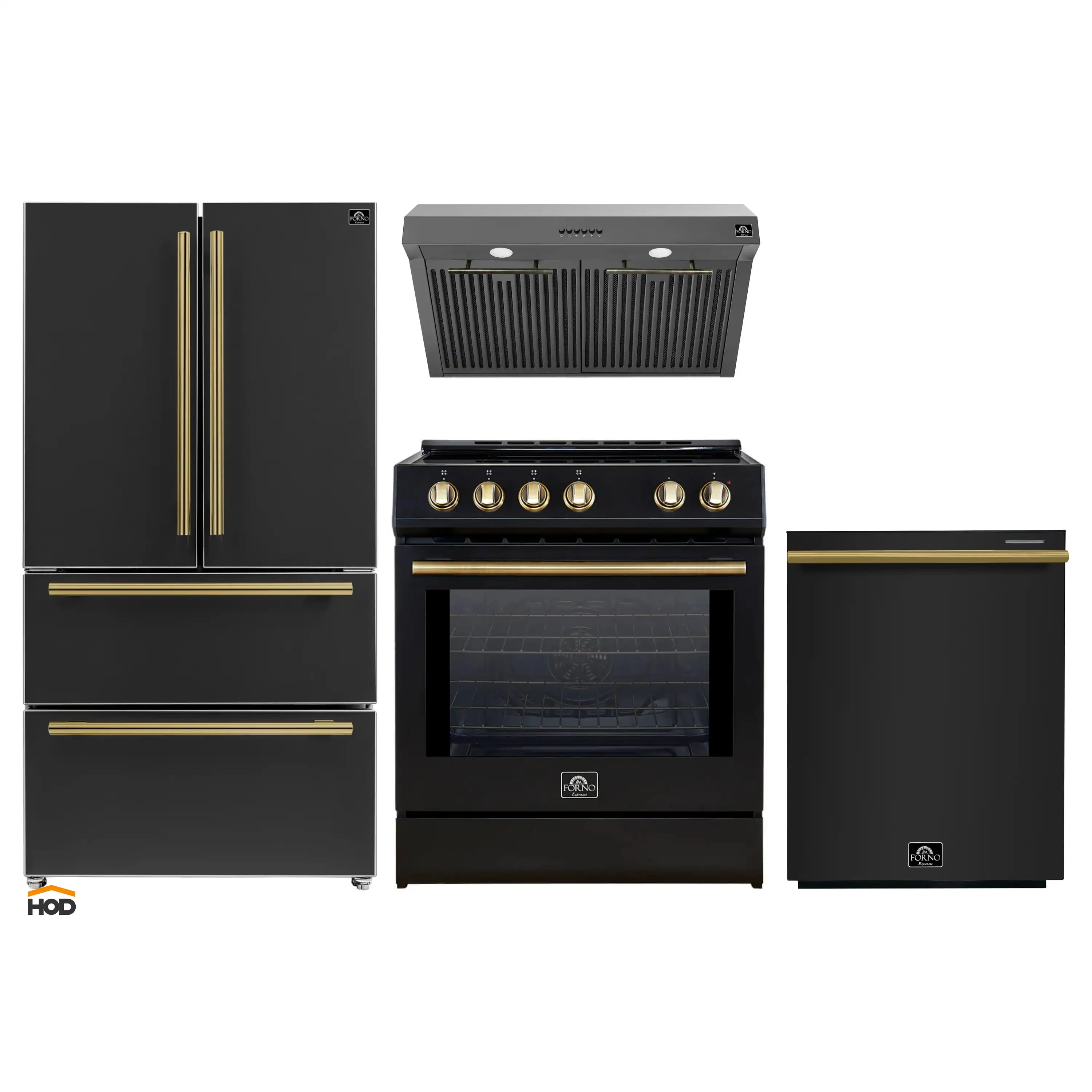 Forno 4-Piece Appliance Package - 30-Inch Induction Range, Under Cabinet Range Hood, French Door Refrigerator, and Dishwasher in Black with Antique Brass Trim