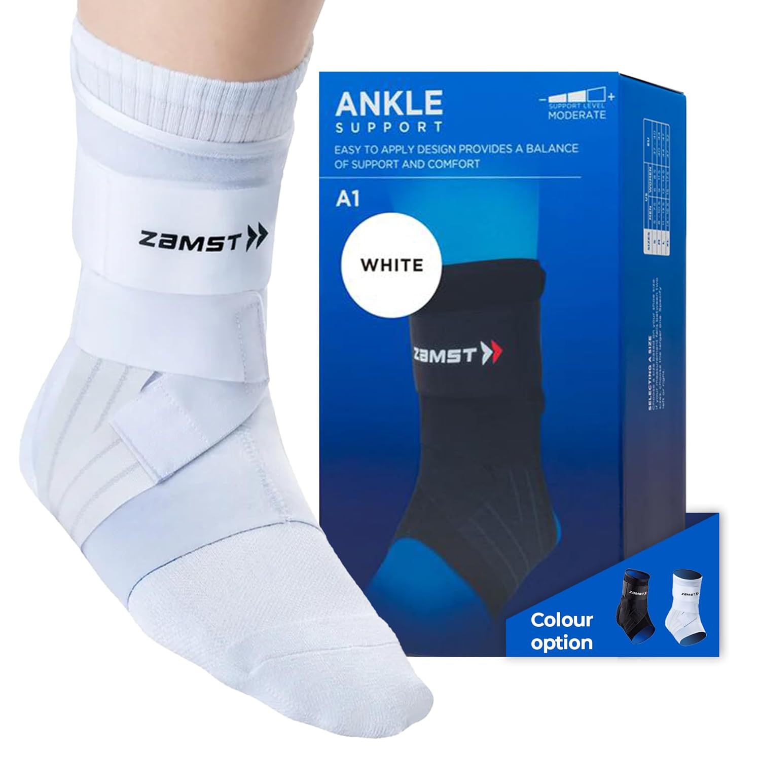 Zamst A1 White Ankle Brace for Sports - Breathable Sports Ankle Support for Men and Women with Adjustable Three Way Straps for Moderate Lateral Ankle Sprain - Right, Medium