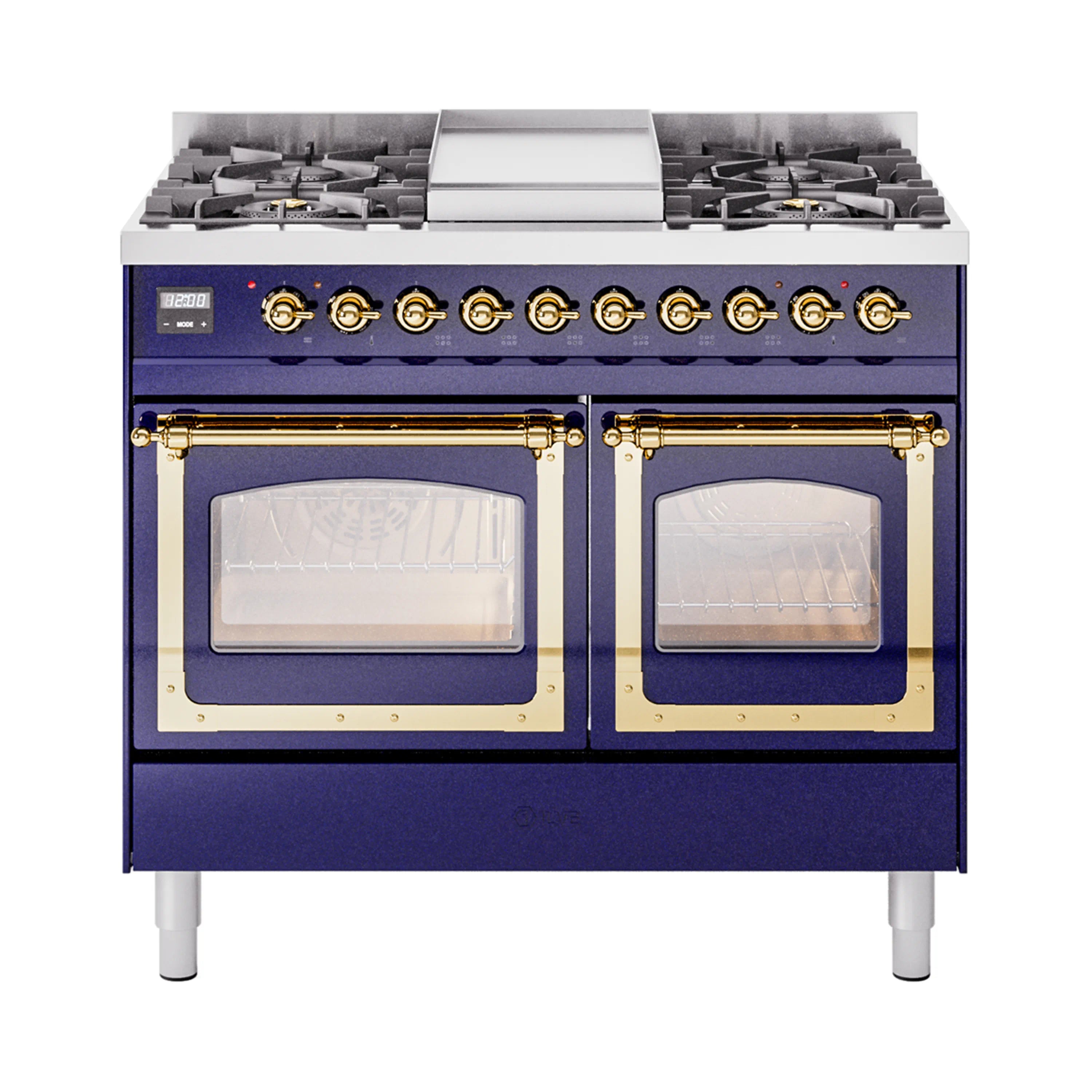 ILVE 40-Inch Nostalgie II Noblesse Dual Fuel Range with Triple Glass Door Oven in Midnight Blue with Brass Trim (UND40FNMPMBG)