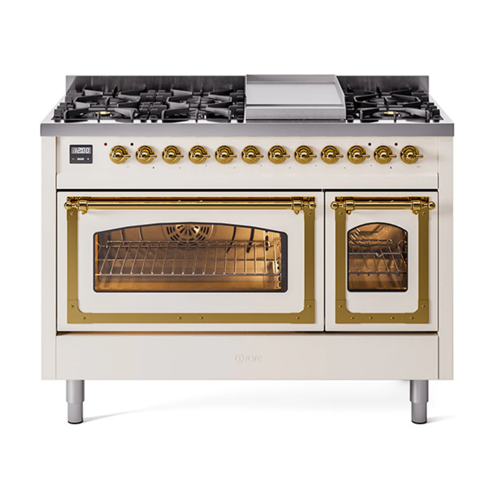 ILVE Nostalgie II Noblesse 48-Inch Dual Fuel Freestanding Range in Antique White with Brass Trim (UN48FNMPAWG)