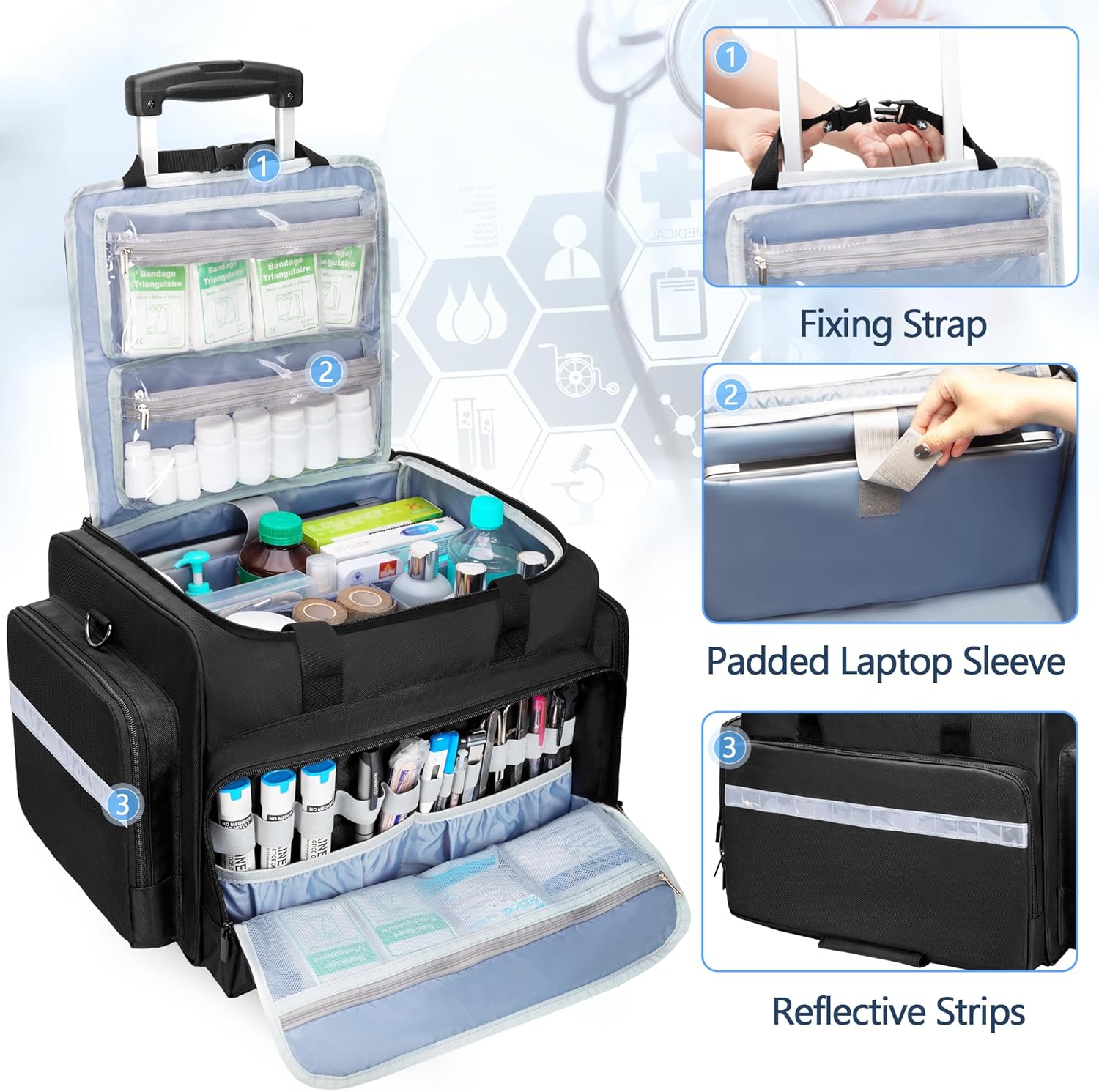 Damero Rolling Medical Bag with Detachable Trolley, Empty Emergency Response Supplies Bag with Removable Dividers, Medical Equipment Storage Bag for Home Health Nurses, Doctors, EMT, EMS, Black