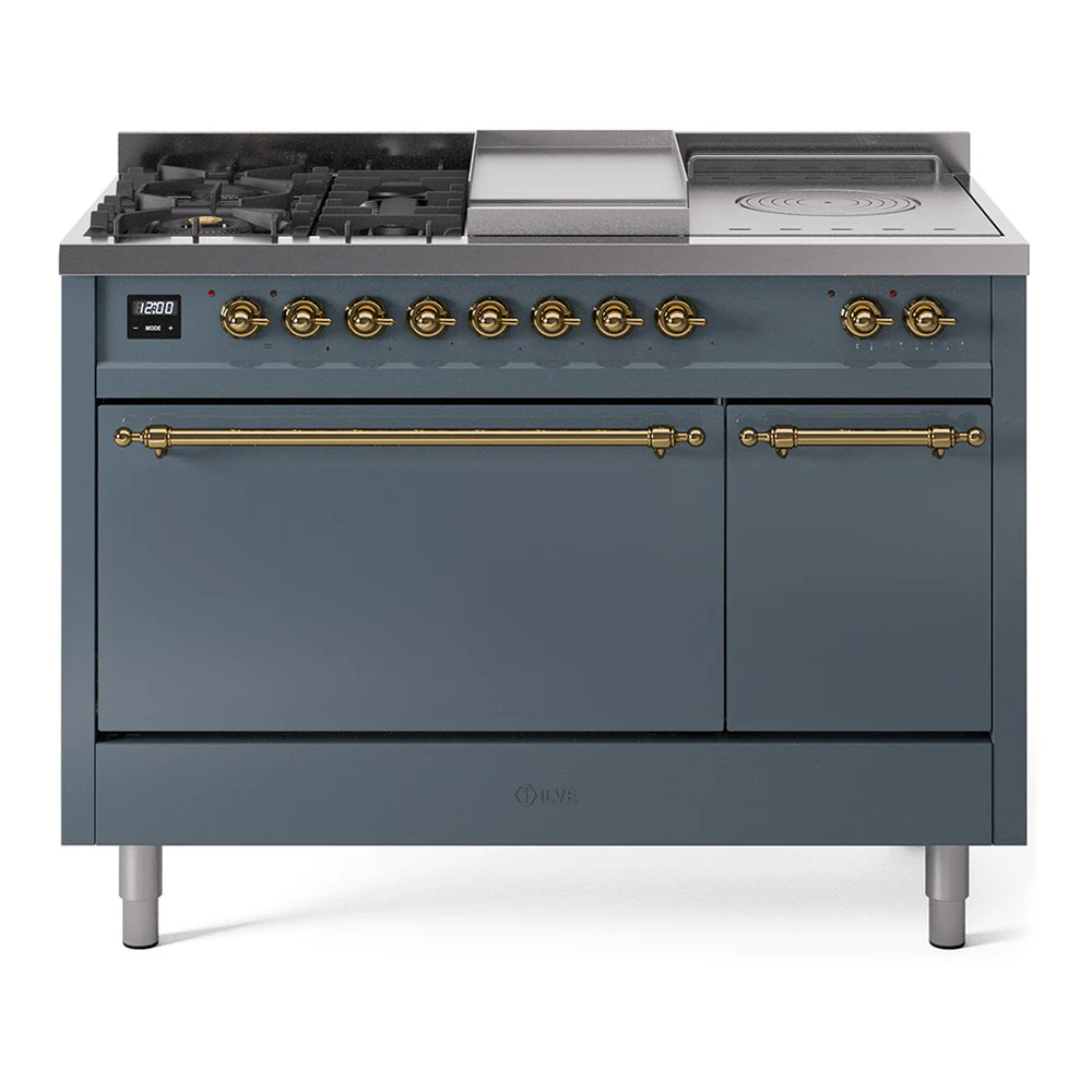 ILVE Nostalgie II 48-Inch Dual Fuel Range with 5 Burners, Griddle, & French Top, with Solid Door Oven in Blue Grey with Brass Trim (UP48FSQNMPBGG)