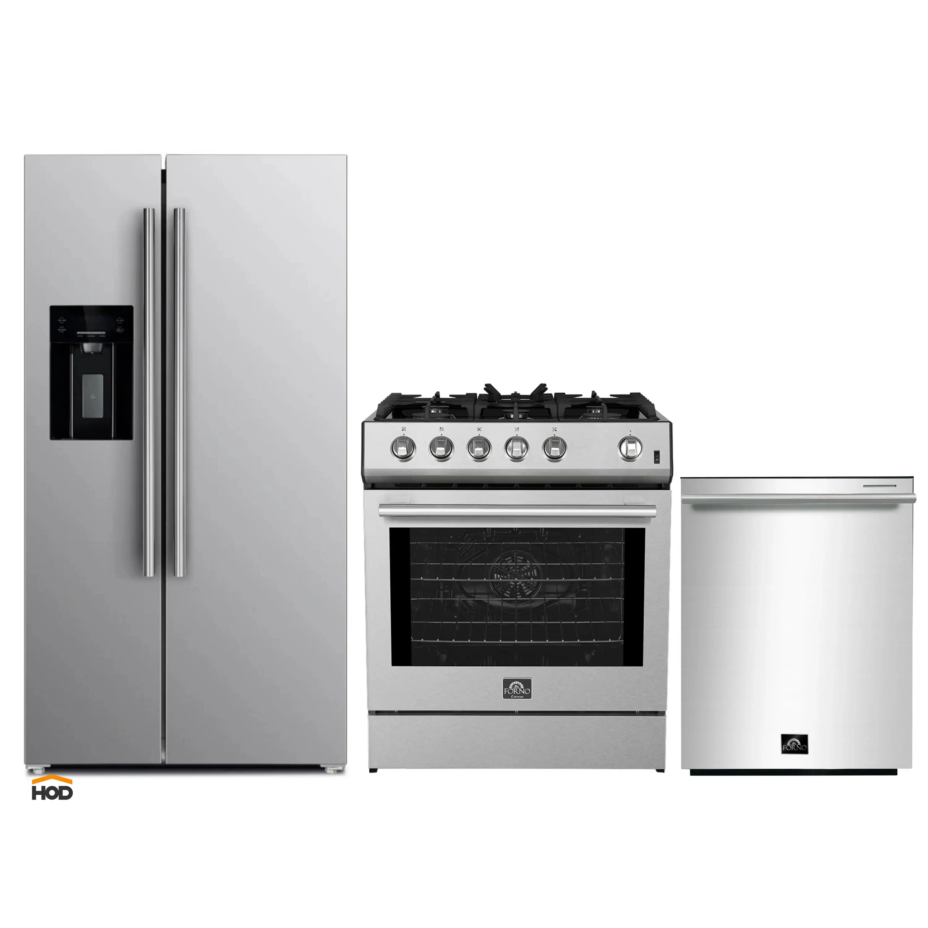 Forno 3-Piece Appliance Package - 30-Inch Gas Range, Refrigerator with Water Dispenser, and Dishwasher in Stainless Steel