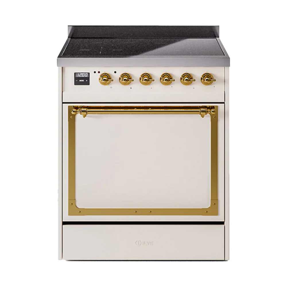 ILVE 30-Inch Nostalgie II Noblesse Induction Range with Solid Door Oven in Antique White with Brass Trim (UNI304QNMPAWG)