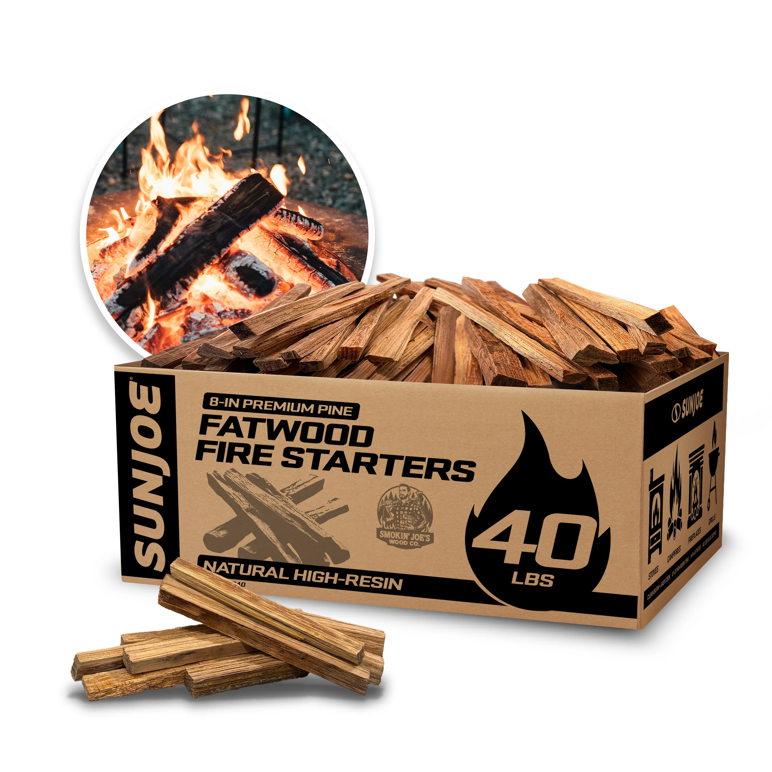 Sun Joe FATWOOD40 All-Natural Fire Starter Sticks | Pine Kindling for Fireplaces, Campfires, Wood Stoves, Fire Pits & Grills | 40 Lbs.