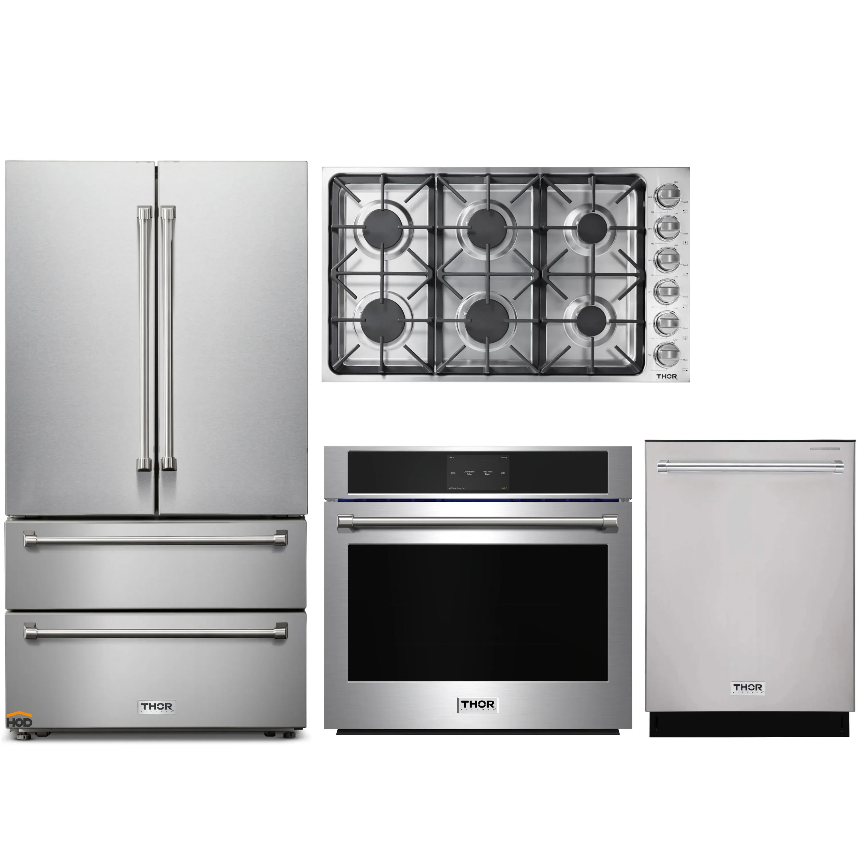 Thor Kitchen 4-Piece Pro Appliance Package - 36-Inch Gas Cooktop, Electric Wall Oven, Dishwasher & Refrigerator in Stainless Steel