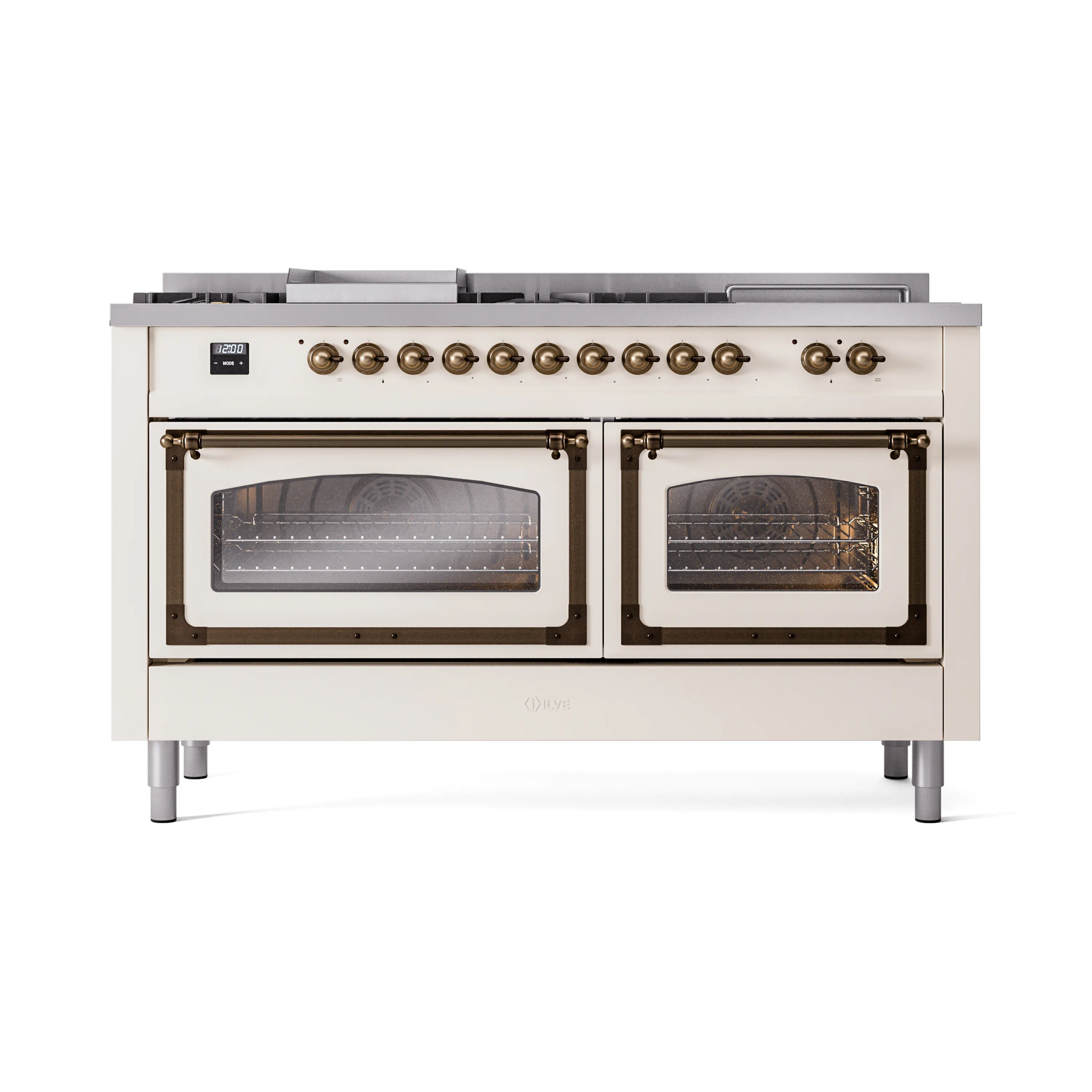 ILVE 60-Inch Nostalgie II Noblesse Dual Fuel Range with 7 Sealed Burners, Griddle, French Top and Triple Glass Door Oven in Antique White with Bronze Trim (UN60FSNMPAWB)