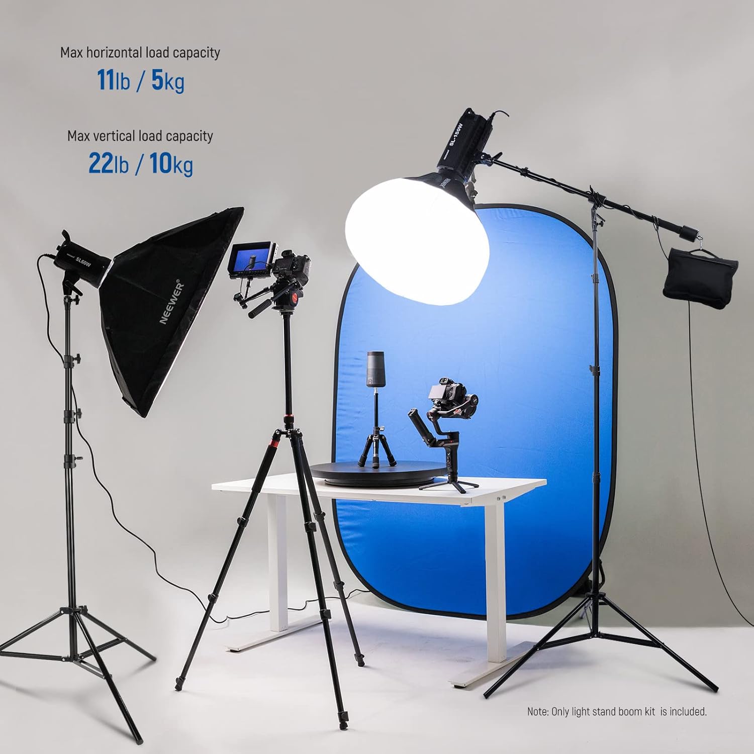 NEEWER Air Cushioned Aluminum Light Stand, 9.8ft/3m Adjustable Photography Stand with Boom Arm, Counterweight, Sandbag, 1/4
