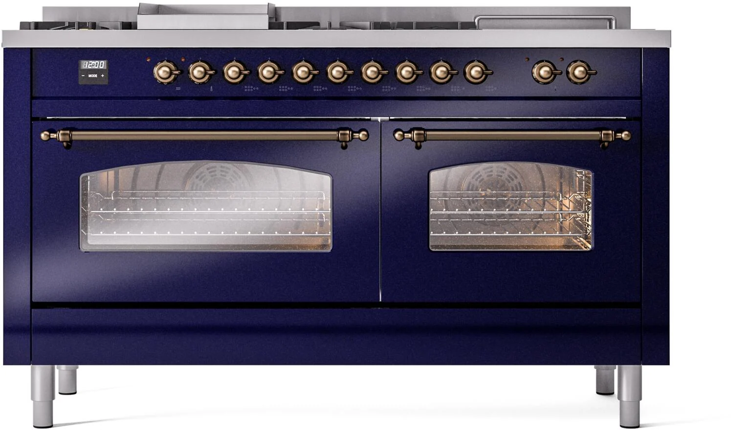 ILVE Nostalgie II 60-Inch Dual Fuel Range with 7 Burners, Griddle, & French Top with Triple Glass Door Oven in Midnight Blue with Bronze Trim (UP60FSNMPMBB)