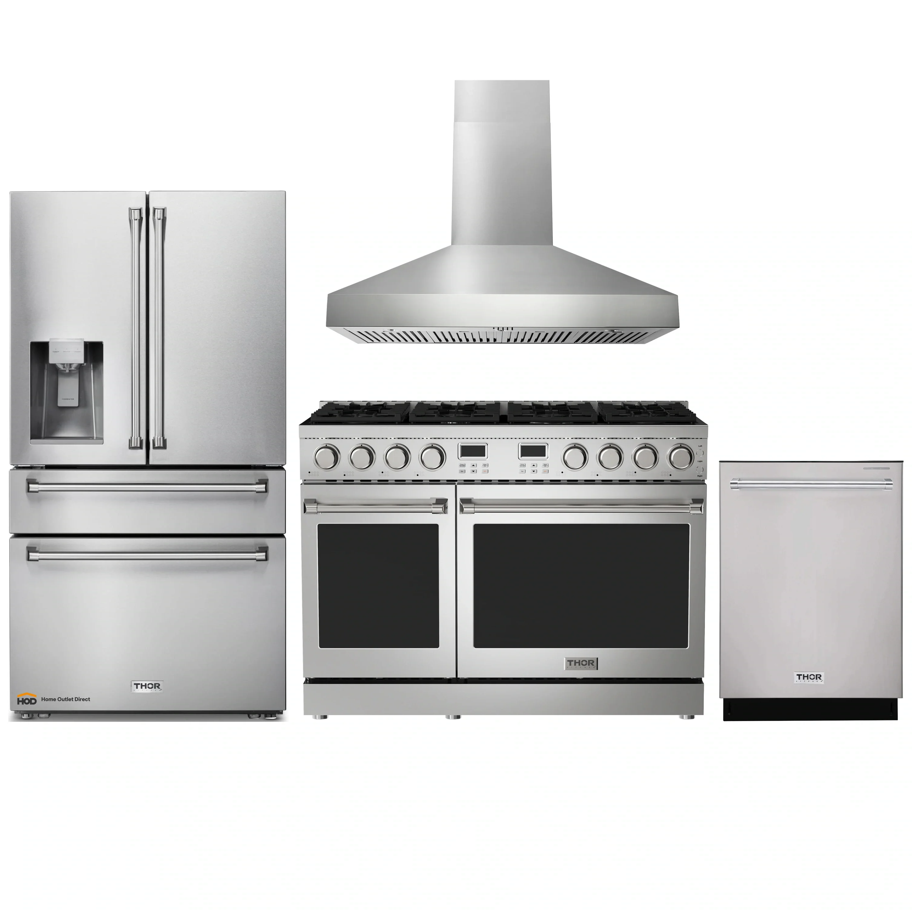 Thor Kitchen A-Series 4-Piece Appliance Package - 48-Inch Gas Range, Pro-Style Wall Mount Range Hood, Refrigerator with Water Dispenser, and Dishwasher in Stainless Steel