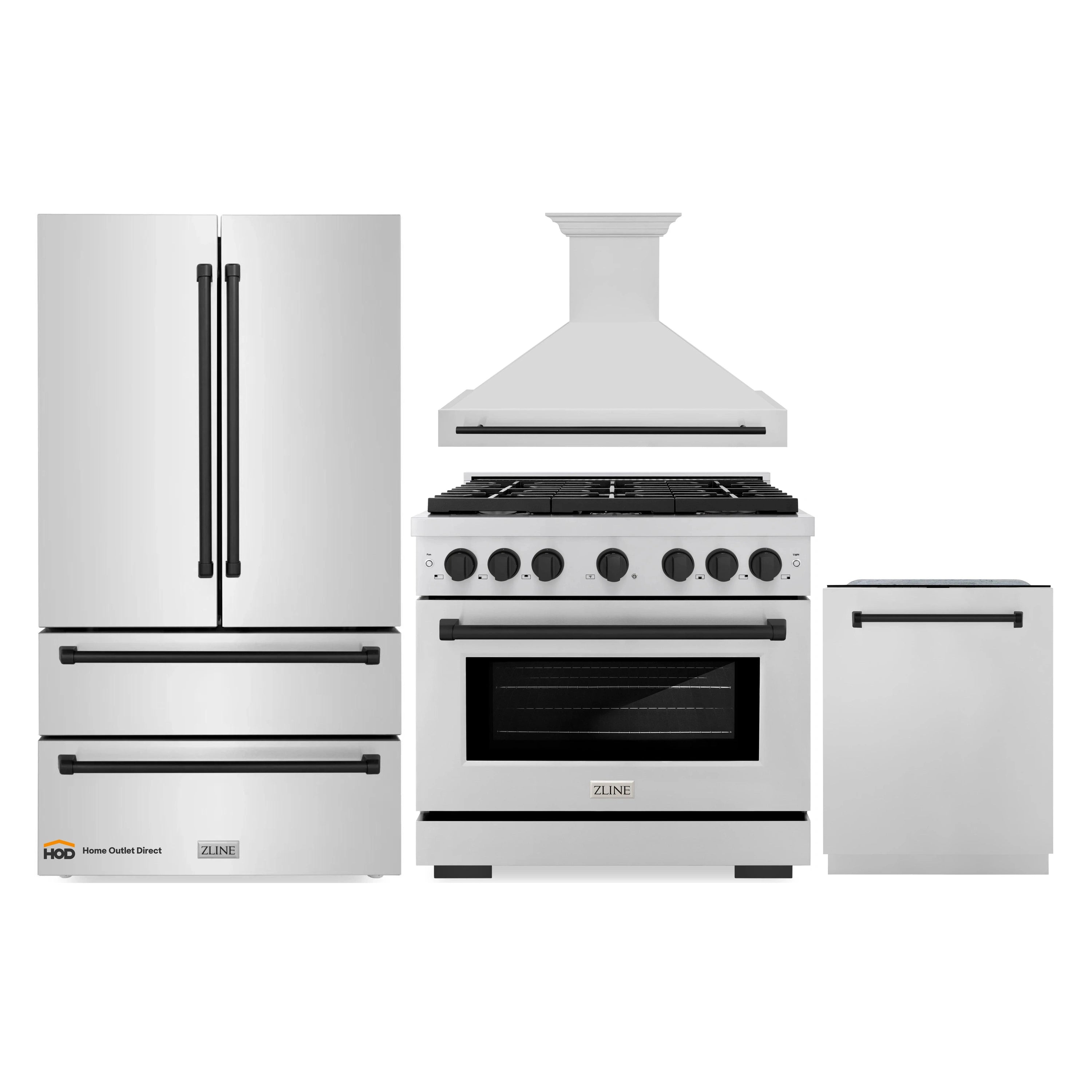 ZLINE Autograph Edition 4-Piece Appliance Package - 36-Inch Gas Range, Refrigerator, Wall Mounted Range Hood, & 24-Inch Tall Tub Dishwasher in Stainless Steel with Matte Black Trim (4KAPR-SGRRHDWM36-MB)