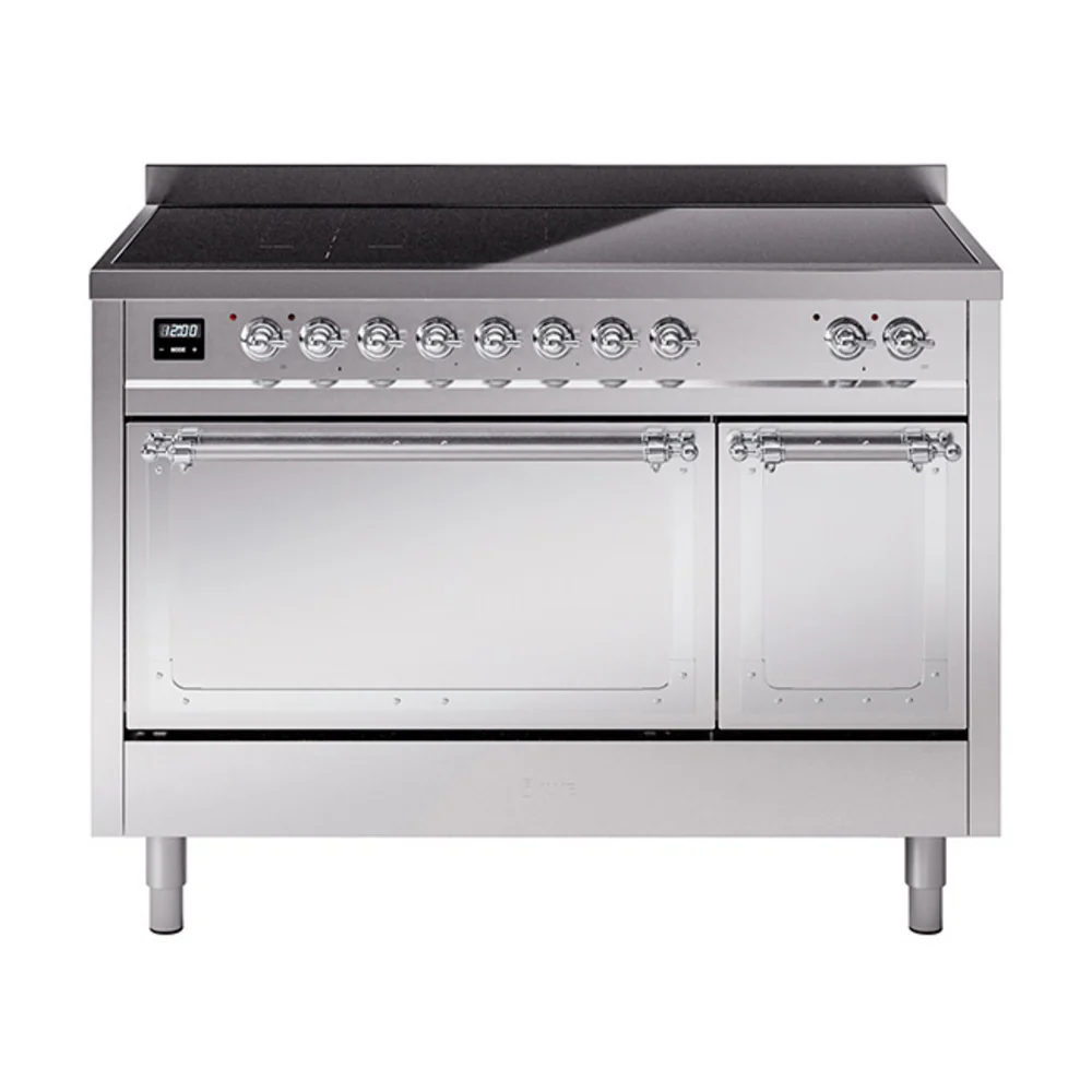 ILVE Nostalgie II Noblesse 48-Inch Induction Range with Solid Door Oven in Stainless Steel with Chrome Trim (UNI486QNMPSSC)