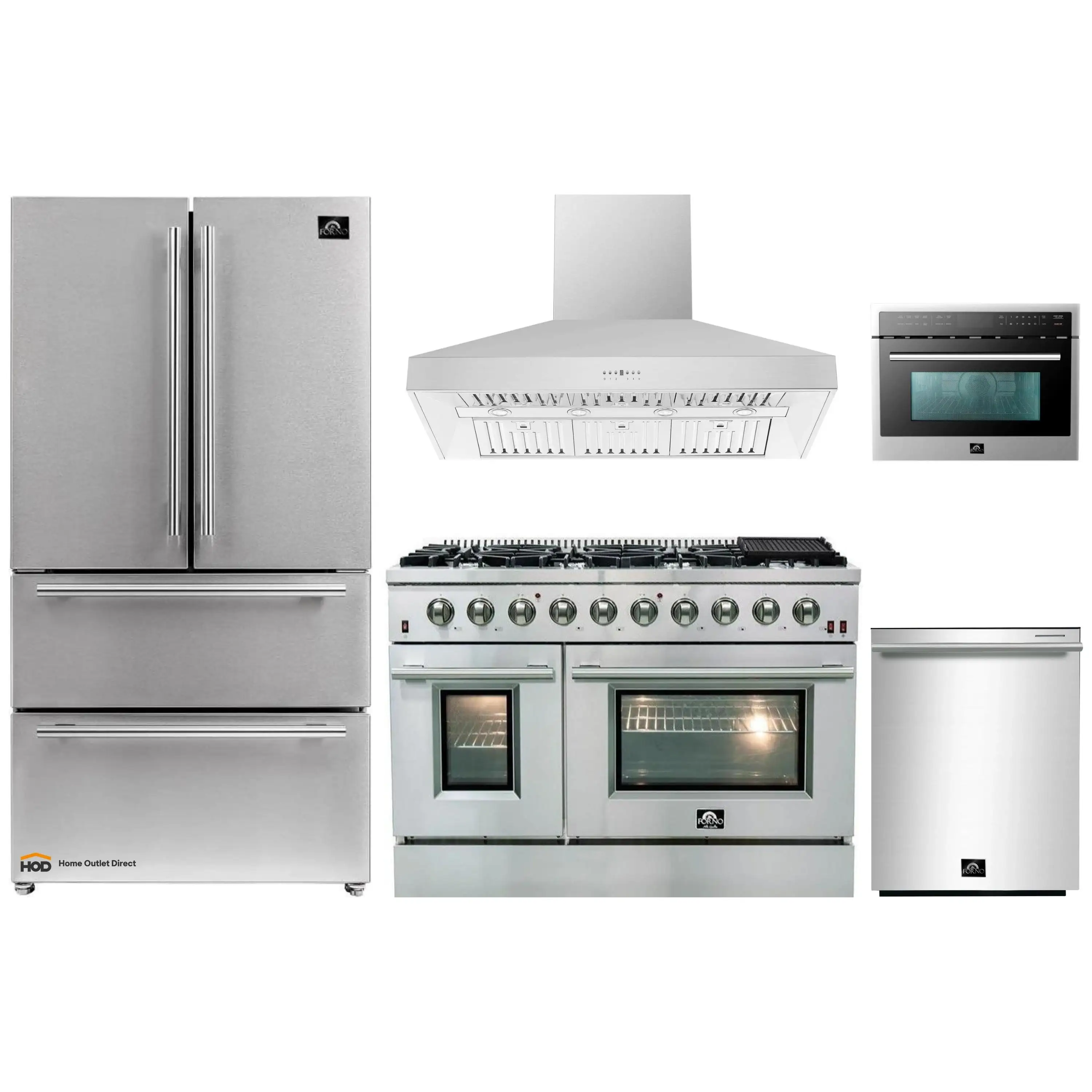 Forno 5-Piece Appliance Package - 48-Inch Gas Range, Refrigerator, Wall Mount Hood, 24-Inch Microwave Oven, & 3-Rack Dishwasher in Stainless Steel