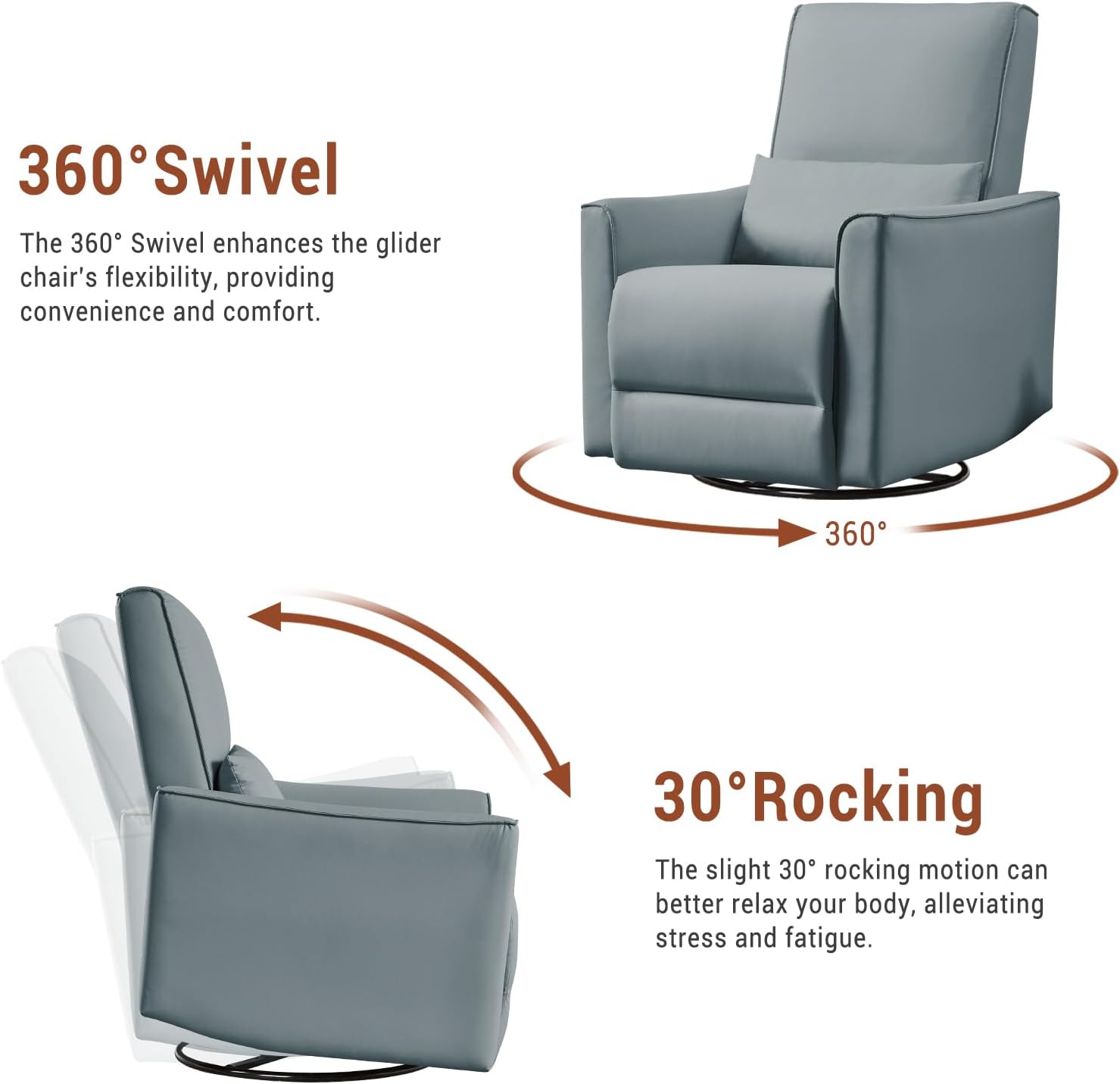 Swivel Rocking Recliner Chair, Manual Recliner with Lumbar Support & Padded Armrest, Comfortable Nursery Rocking Chair and Glider for Living Room, Bedroom (Gray)