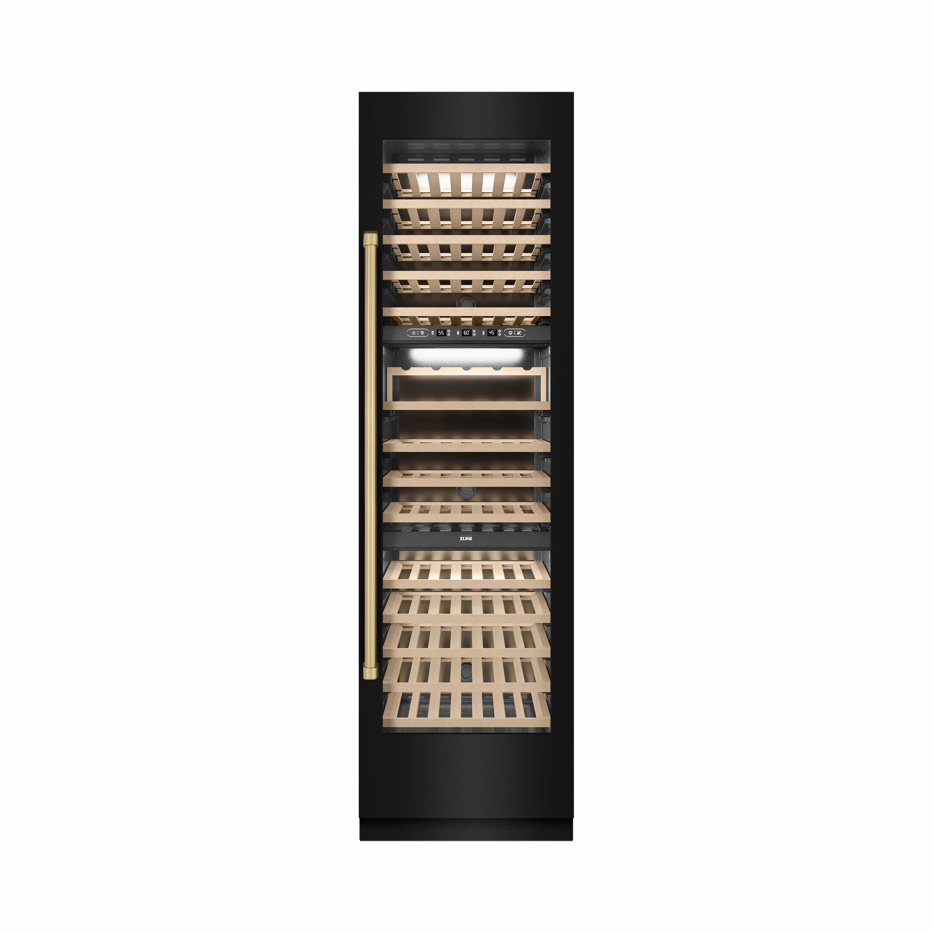 ZLINE Autograph Edition 24-Inch 12.4 Cu. Ft. Triple Zone 100 Bottle Column Wine Cooler in Black Stainless Steel and Champagne Bronze Accents (RCWVZ-BS-24-CB)