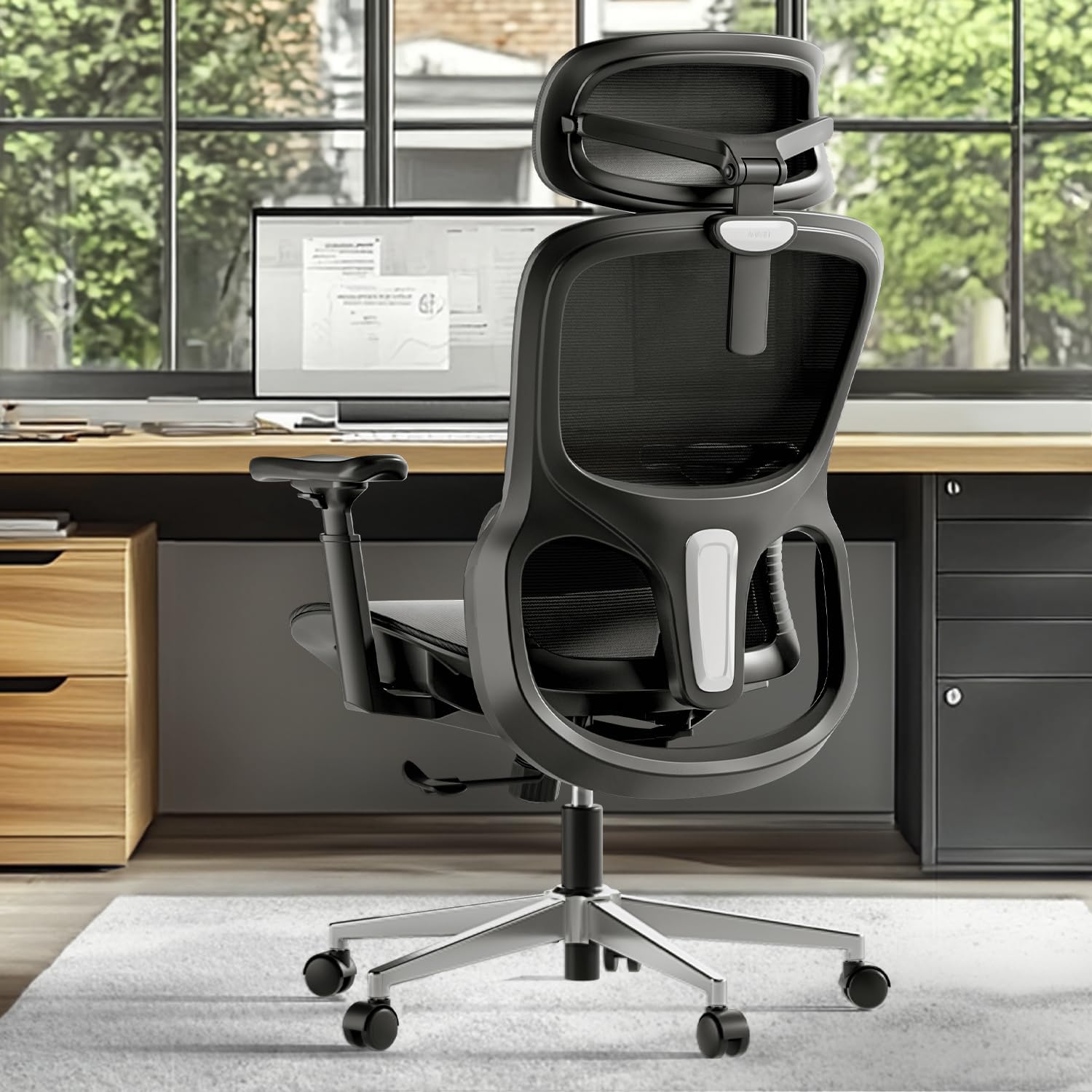 Hbada P2 Ergonomic Office Chair, Office Chair with 3D Lumbar Support, Mesh Chairs with 3D 360° Rotation Arms, 3D Headrest & Comfortable Seat, 135° Stepless Tilt Function, Black