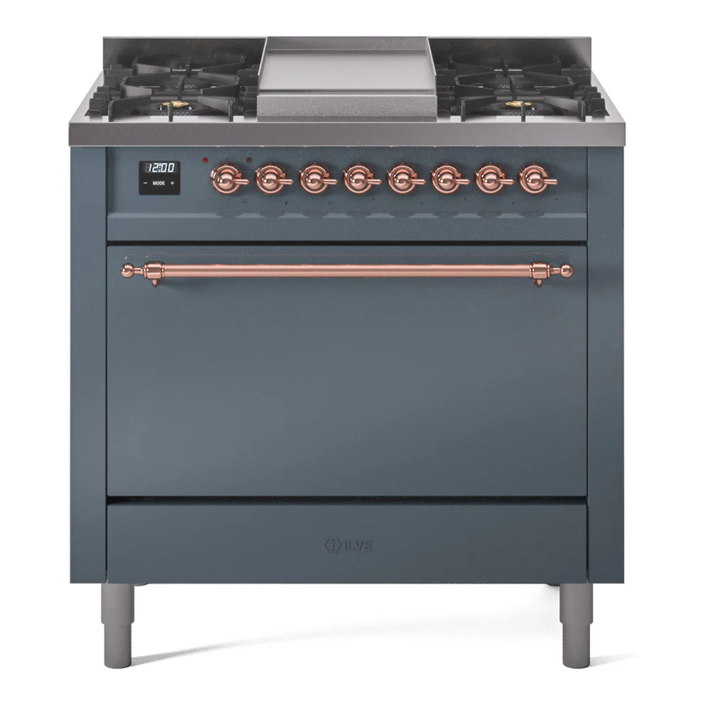 ILVE 36-Inch Nostalgie II Dual Fuel Range with 6 Burners and Solid Door Oven in Blue Grey with Copper Trim (UP36FQNMPBGP)