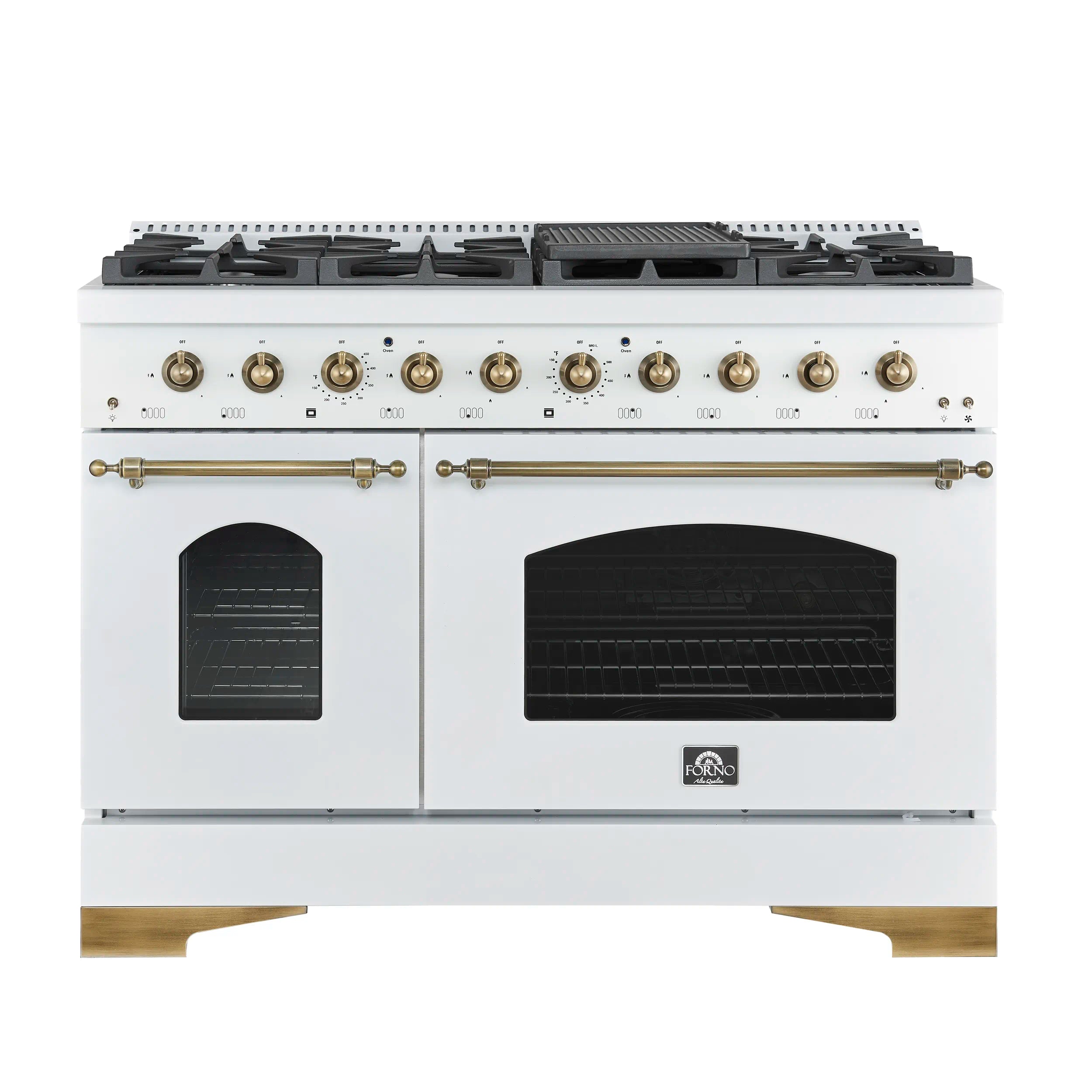 Forno Antico 5-Piece Appliance Package - 48-Inch Gas Range, 48-Inch Hood, 36-Inch Refrigerator, 24-Inch Dishwasher, & 24-Inch Microwave Oven in White with Antique Brass Trim
