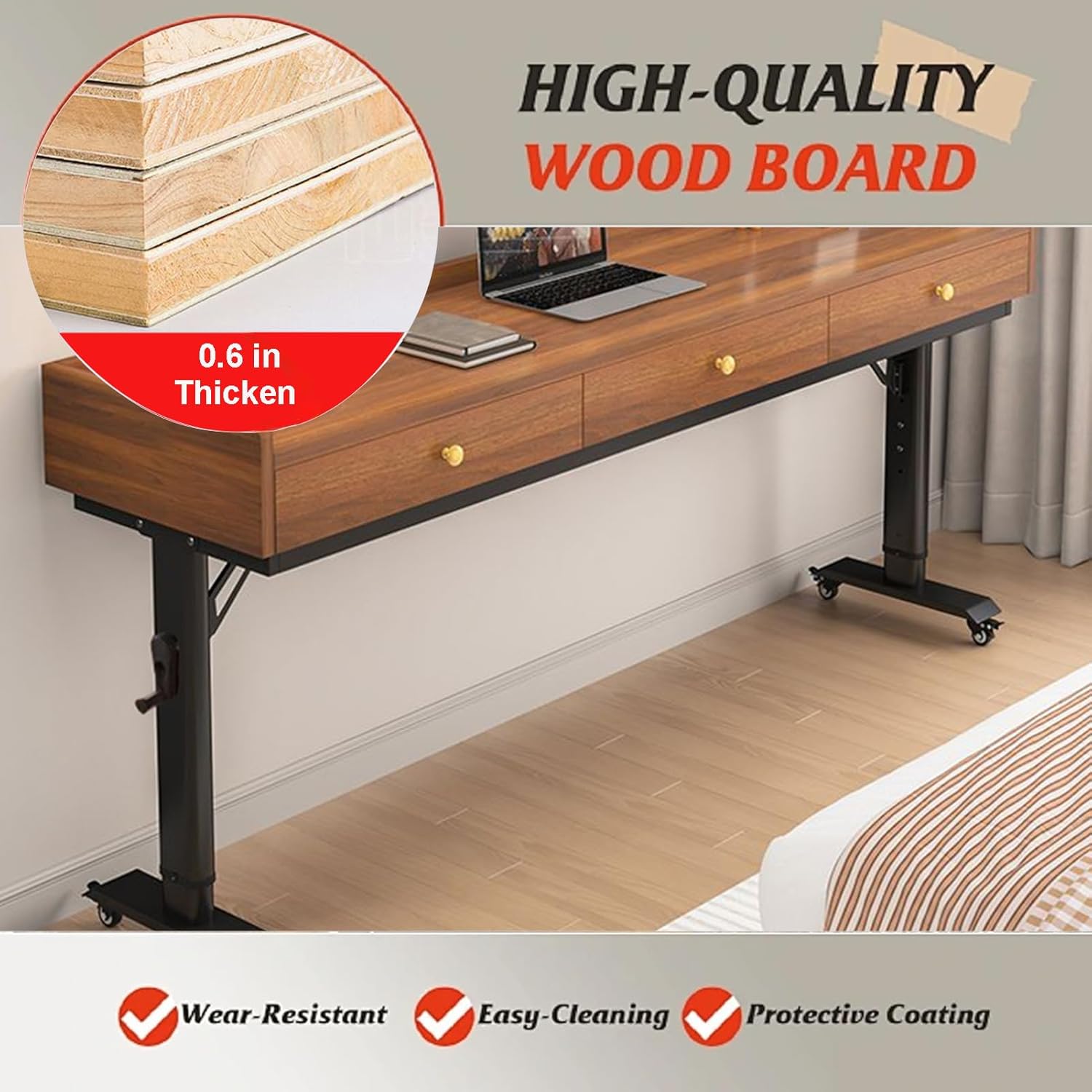 Over The Bed Desk with Wheels & Drawer, Height Adjustable Over The Bed Table, Crank Adjustment, Safety Baffle, Mobile Laptop Computer Cart for Hospital, Bedroom, Home Office Use