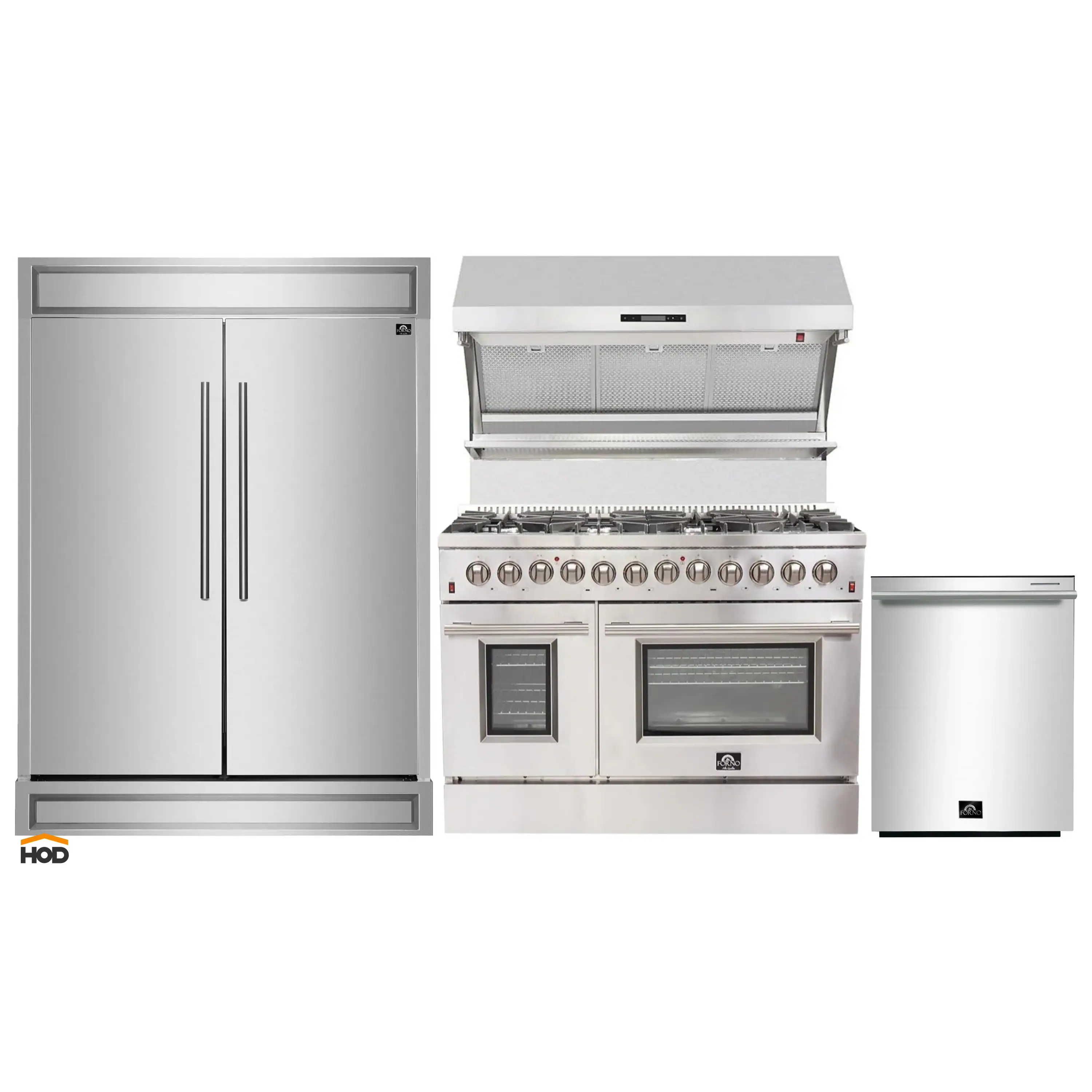 Forno 4-Piece Appliance Package - 48-Inch Dual Fuel Range, 60-Inch Refrigerator, Wall Mount Hood with Backsplash, & 3-Rack Dishwasher in Stainless Steel